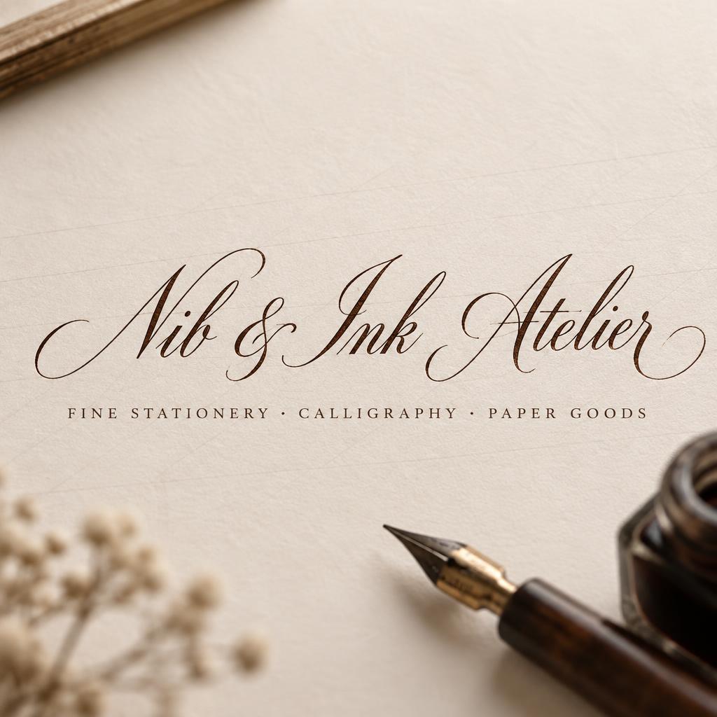 "Nib & Ink Atelier
FINE STATIONERY · CALLIGRAPHY · PAPER GOODS" — Cursive Calligraphy text effect