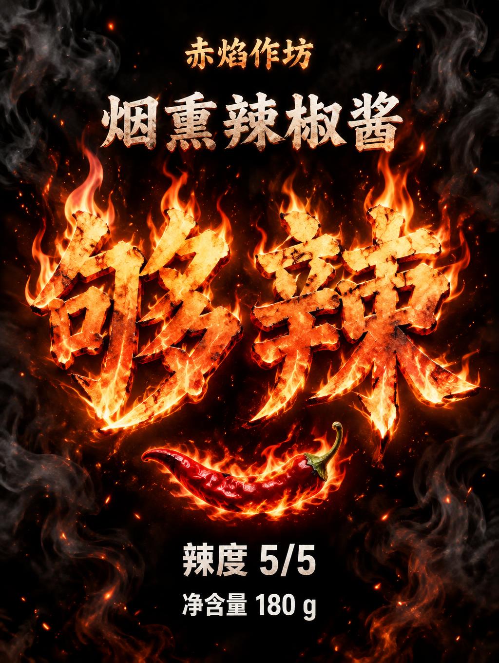 "够辣
赤焰作坊
烟熏辣椒酱
辣度 5/5
净含量 180 g" — Fire Smoke | AI Text Effect Generator
