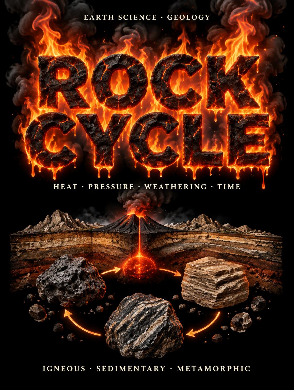 "ROCK CYCLE
EARTH SCIENCE • GEOLOGY
HEAT · PRESSURE · WEATHERING · TIME
IGNEOUS · SEDIMENTARY · METAMORPHIC" — Fire Smoke text effect