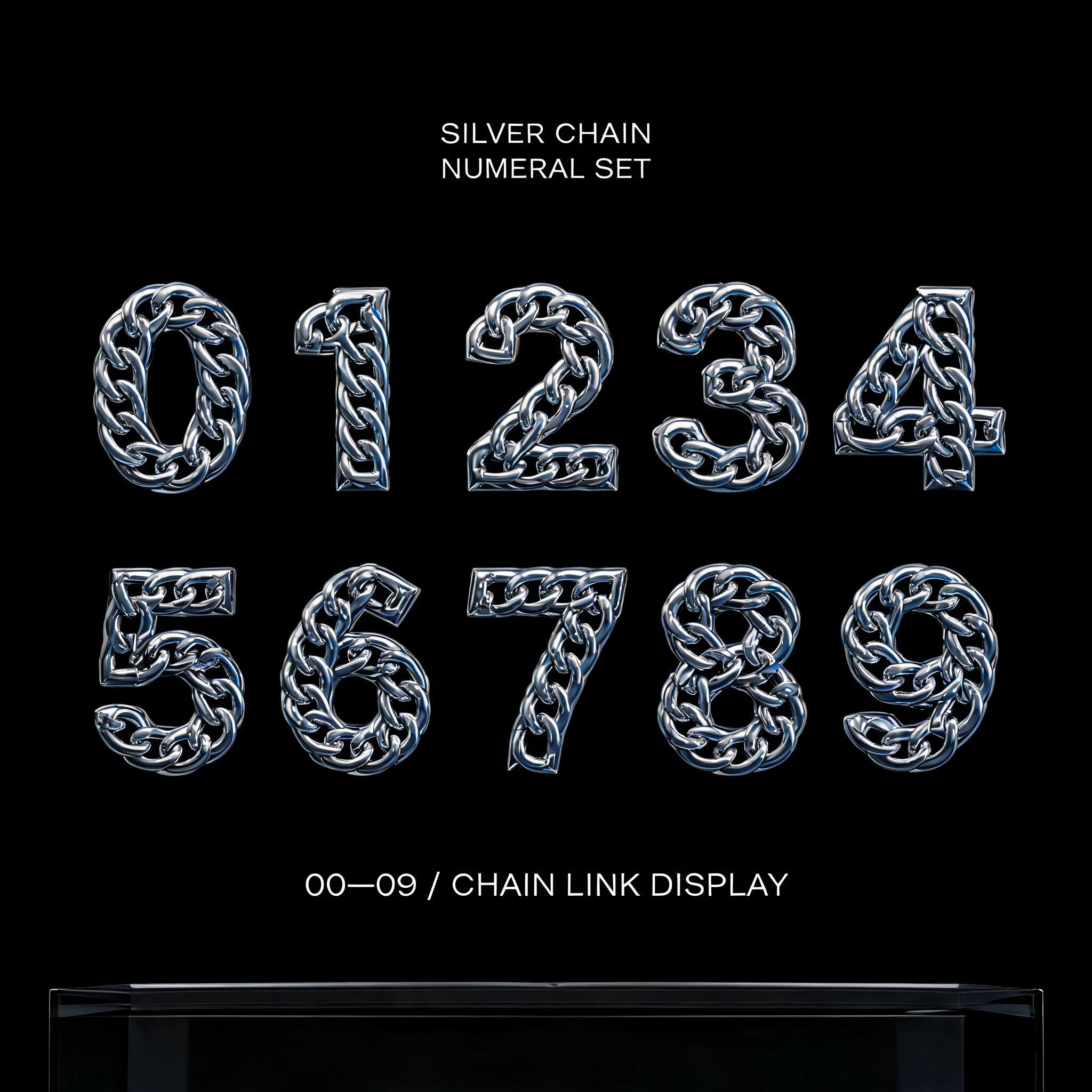"SILVER CHAIN
NUMERAL SET
0 1 2 3 4
5 6 7 8 9
00—09 / CHAIN LINK DISPLAY" — Chrome Metal 3d | AI Text Effect Generator