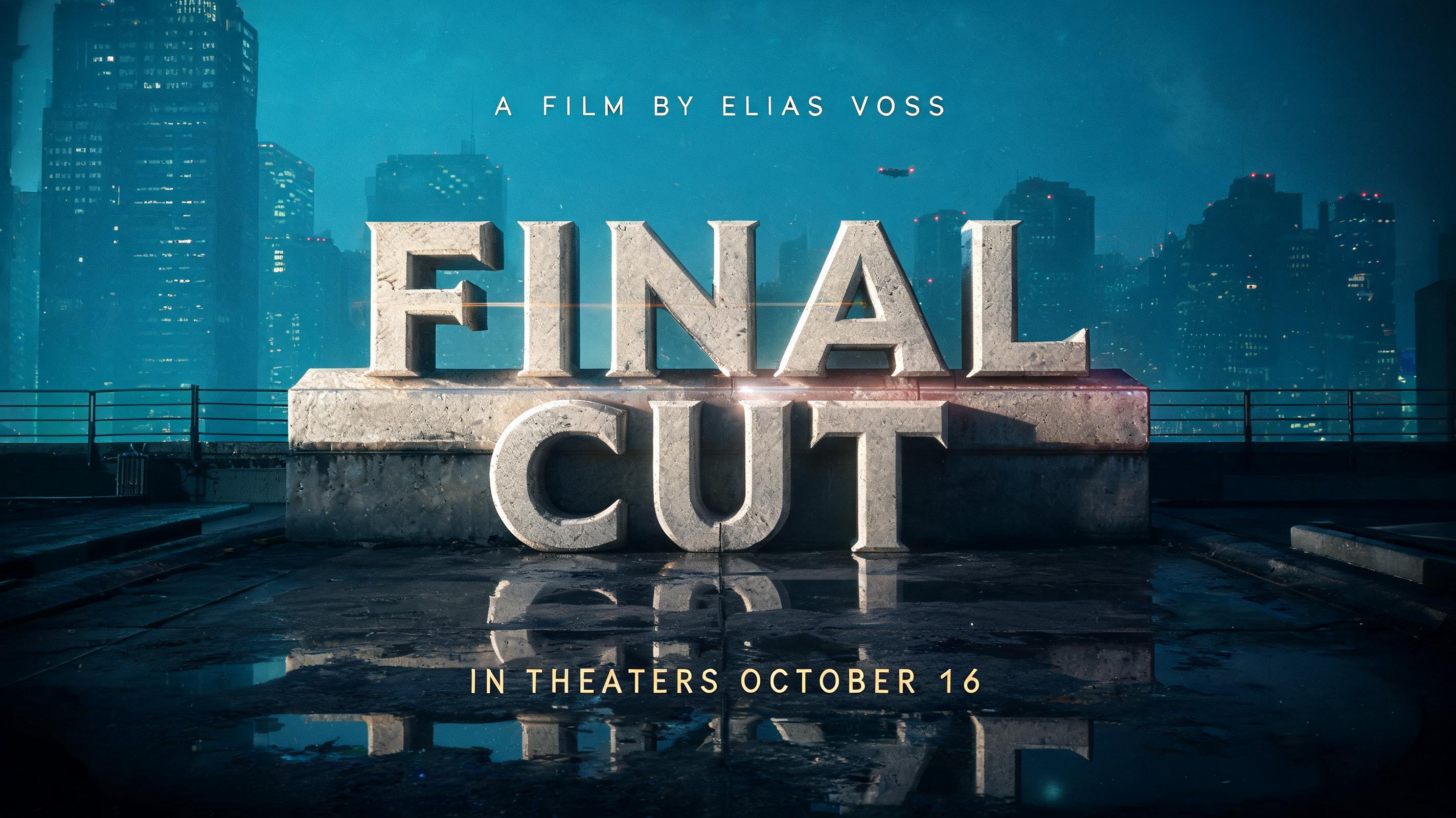 "FINAL
CUT
A FILM BY ELIAS VOSS
IN THEATERS OCTOBER 16" — Cinematic Netflix | AI Text Effect Generator