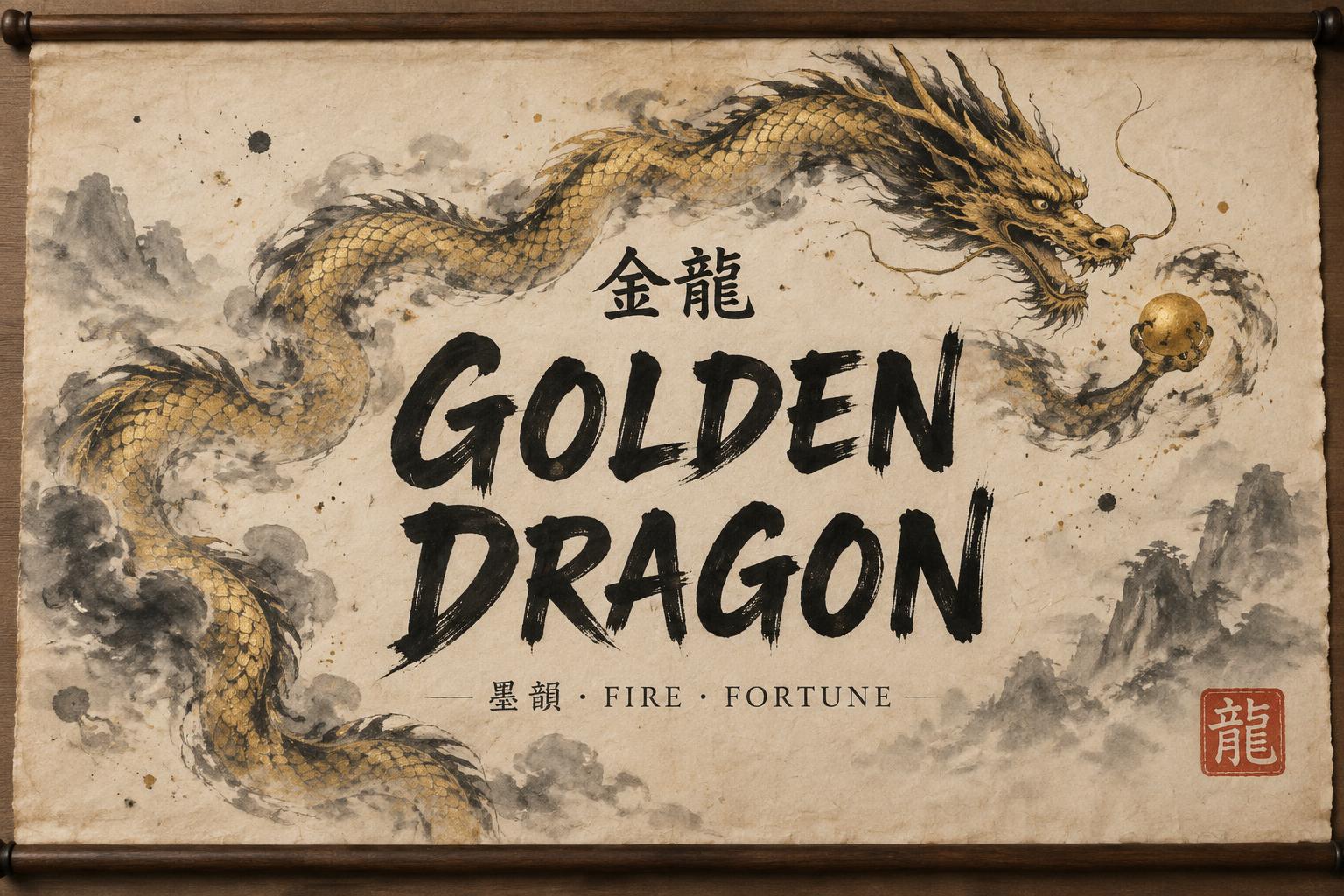 "GOLDEN DRAGON
金龍
墨韻 · FIRE · FORTUNE
龍" — Brush Chinese Ink | AI Text Effect Generator