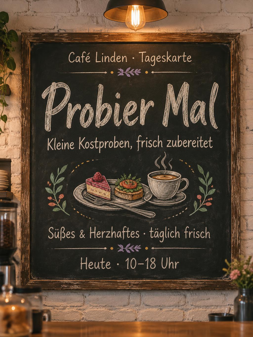 "Probier Mal
Café Linden · Tageskarte
Kleine Kostproben, frisch zubereitet
Süßes & Herzhaftes · täglich frisch
Heute · 10–18 Uhr" — Chalk | AI Text Effect Generator