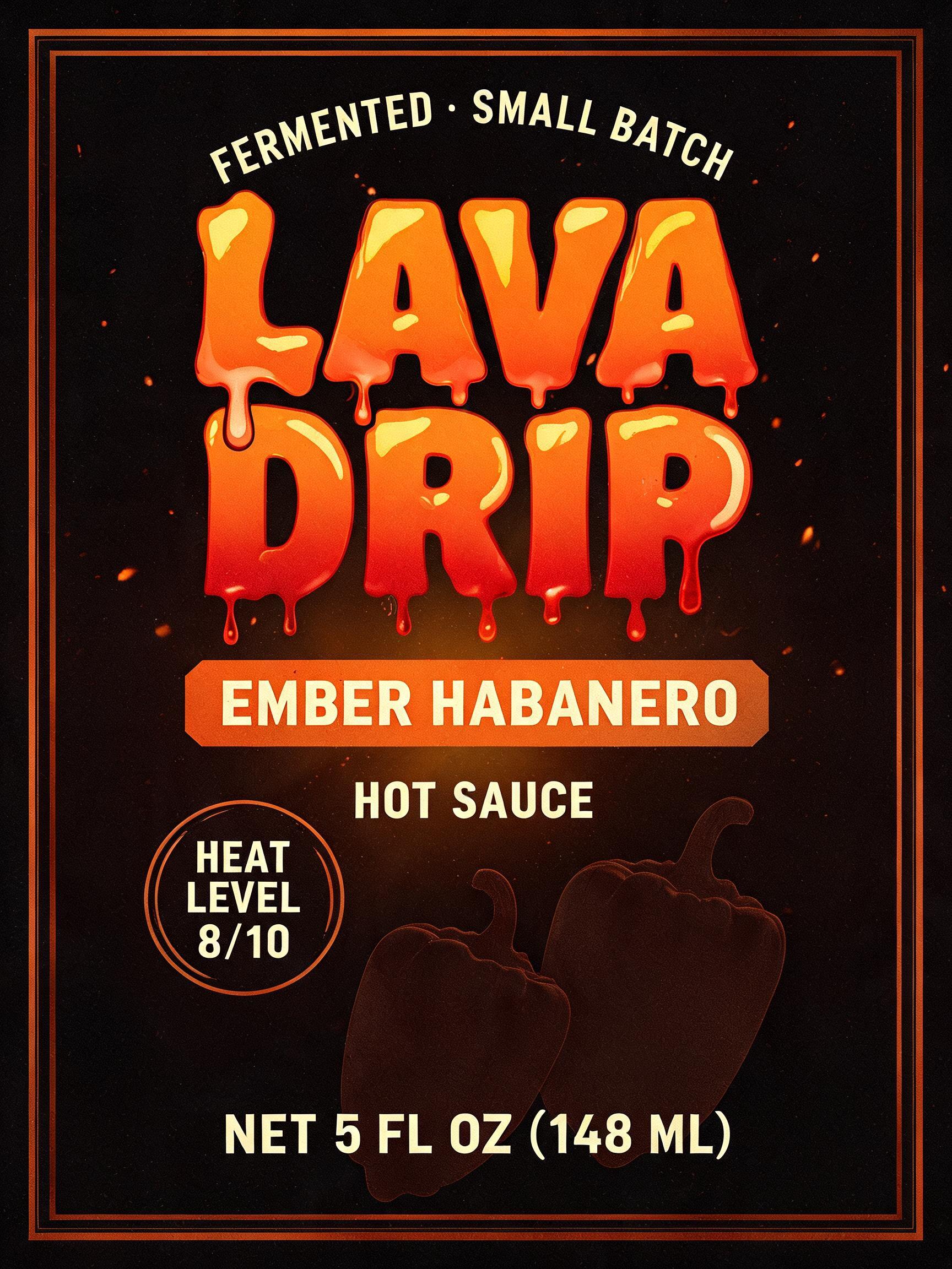 FERMENTED · SMALL BATCH
LAVA
DRIP
EMBER HABANERO
HOT SAUCE
HEAT LEVEL 8/10
NET 5 FL OZ (148 mL)