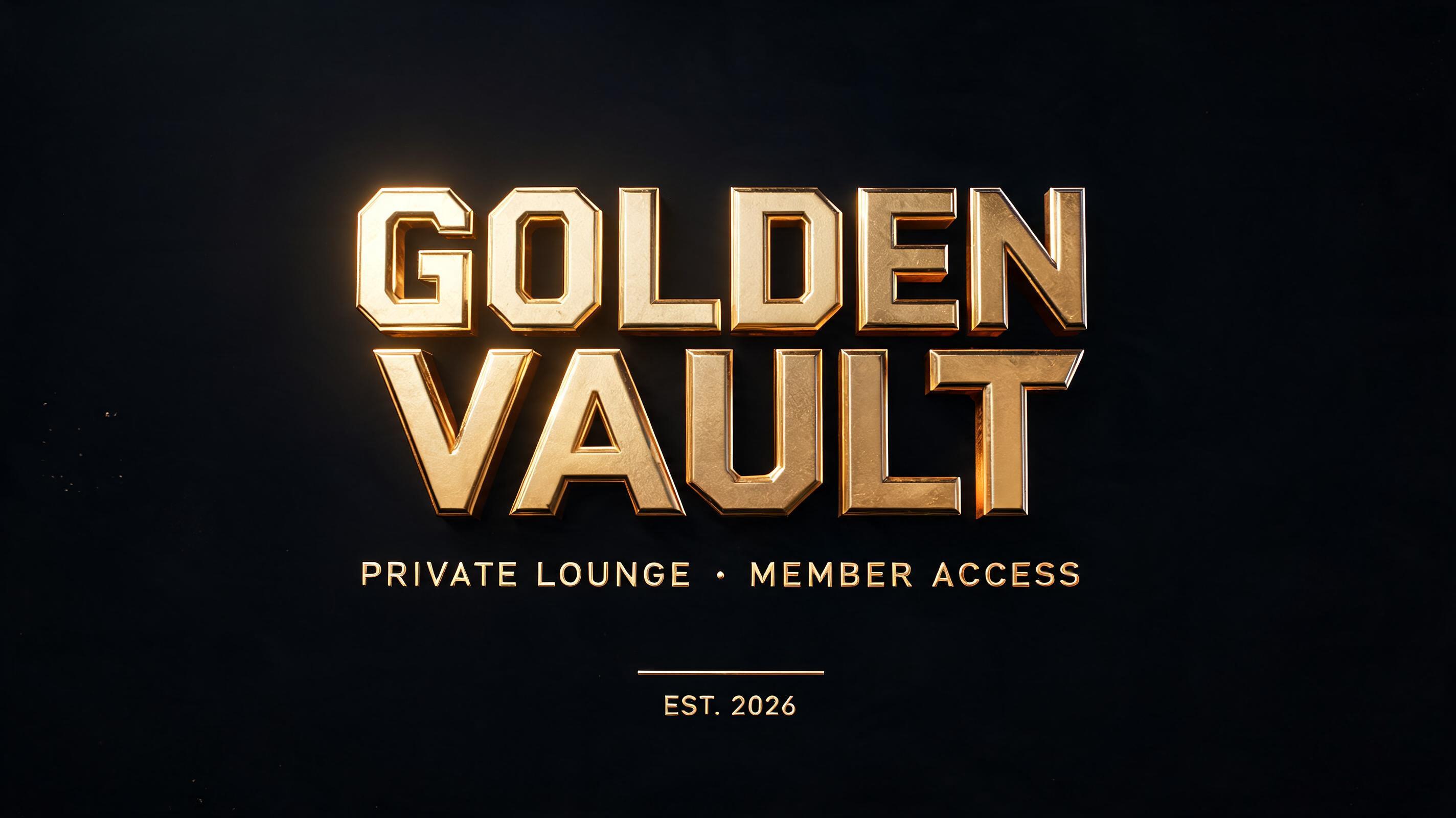 "GOLDEN VAULT
PRIVATE LOUNGE • MEMBER ACCESS
EST. 2026" — 3d Bold Gold | AI Text Effect Generator
