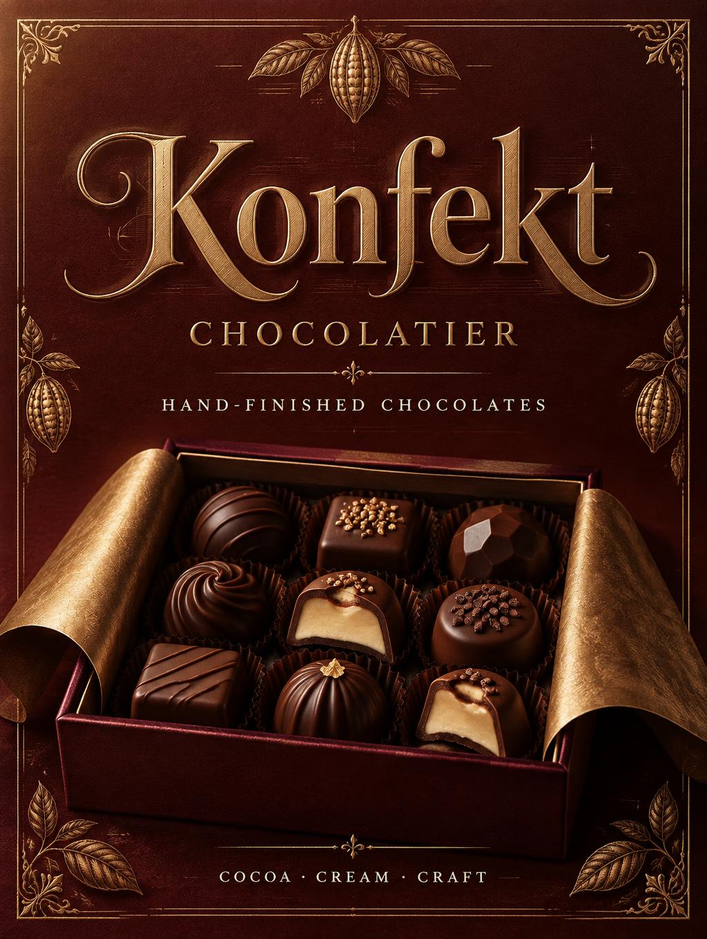"Konfekt
CHOCOLATIER
HAND-FINISHED CHOCOLATES
COCOA · CREAM · CRAFT" — Oxblood Gold Leaf | AI Text Effect Generator