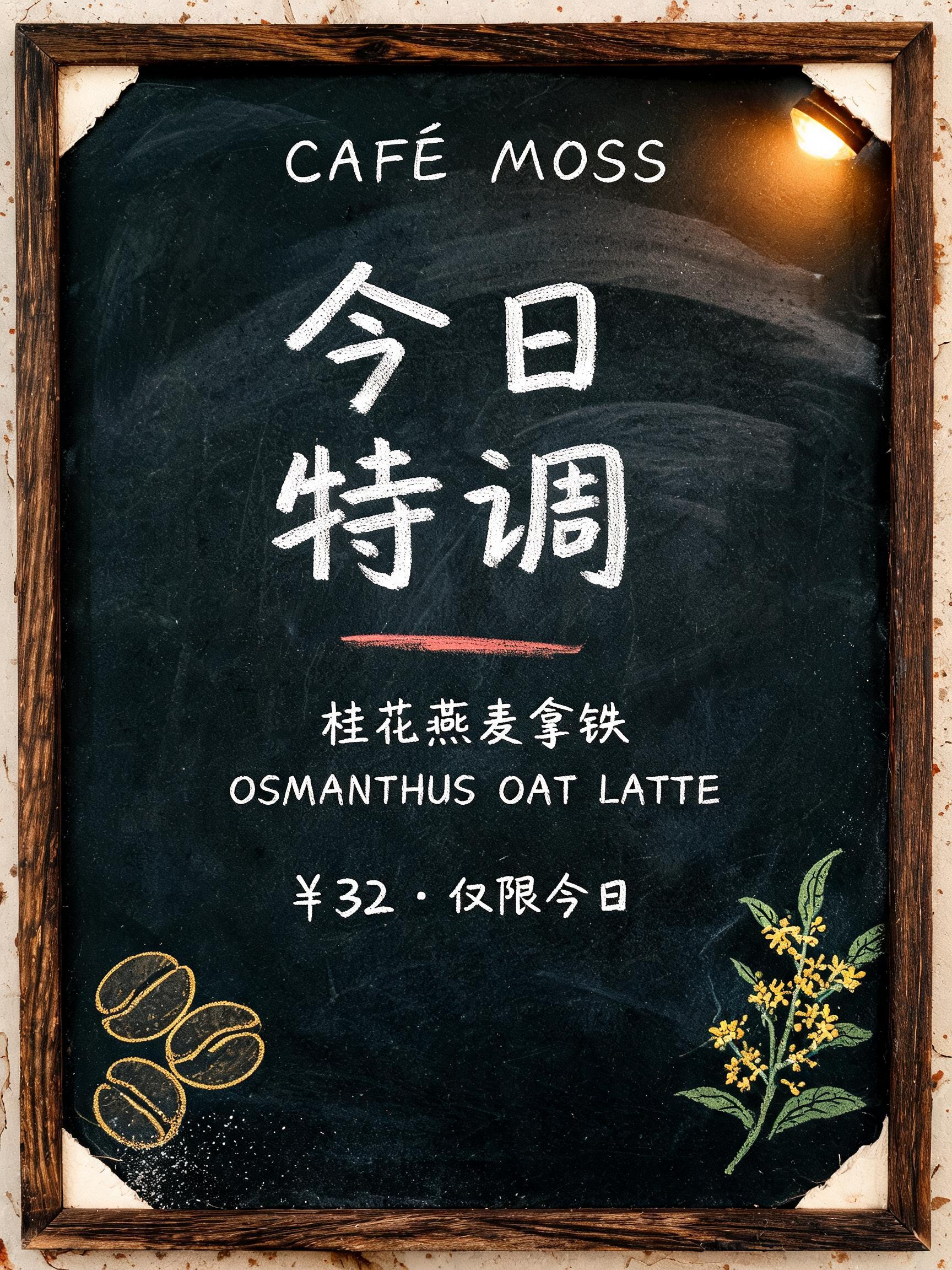 "今日特调
CAFÉ MOSS
桂花燕麦拿铁
OSMANTHUS OAT LATTE
¥32 · 仅限今日" — Vintage | AI Text Effect Generator