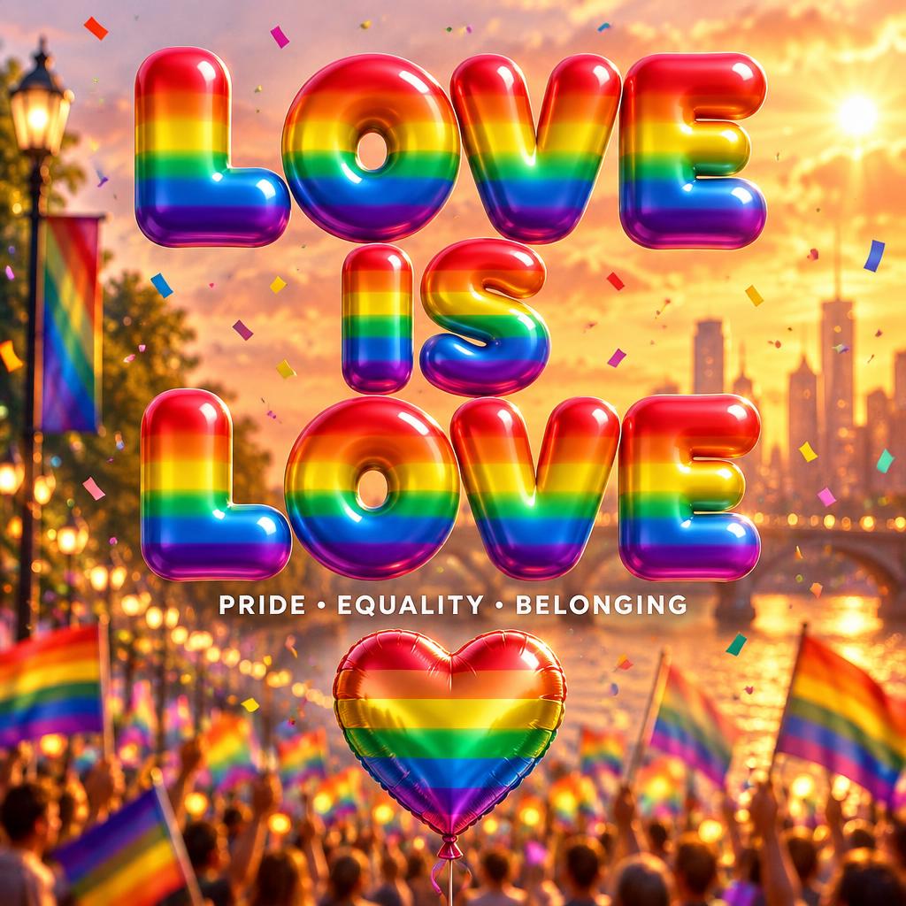"LOVE IS LOVE
PRIDE • EQUALITY • BELONGING" — Rainbow | AI Text Effect Generator