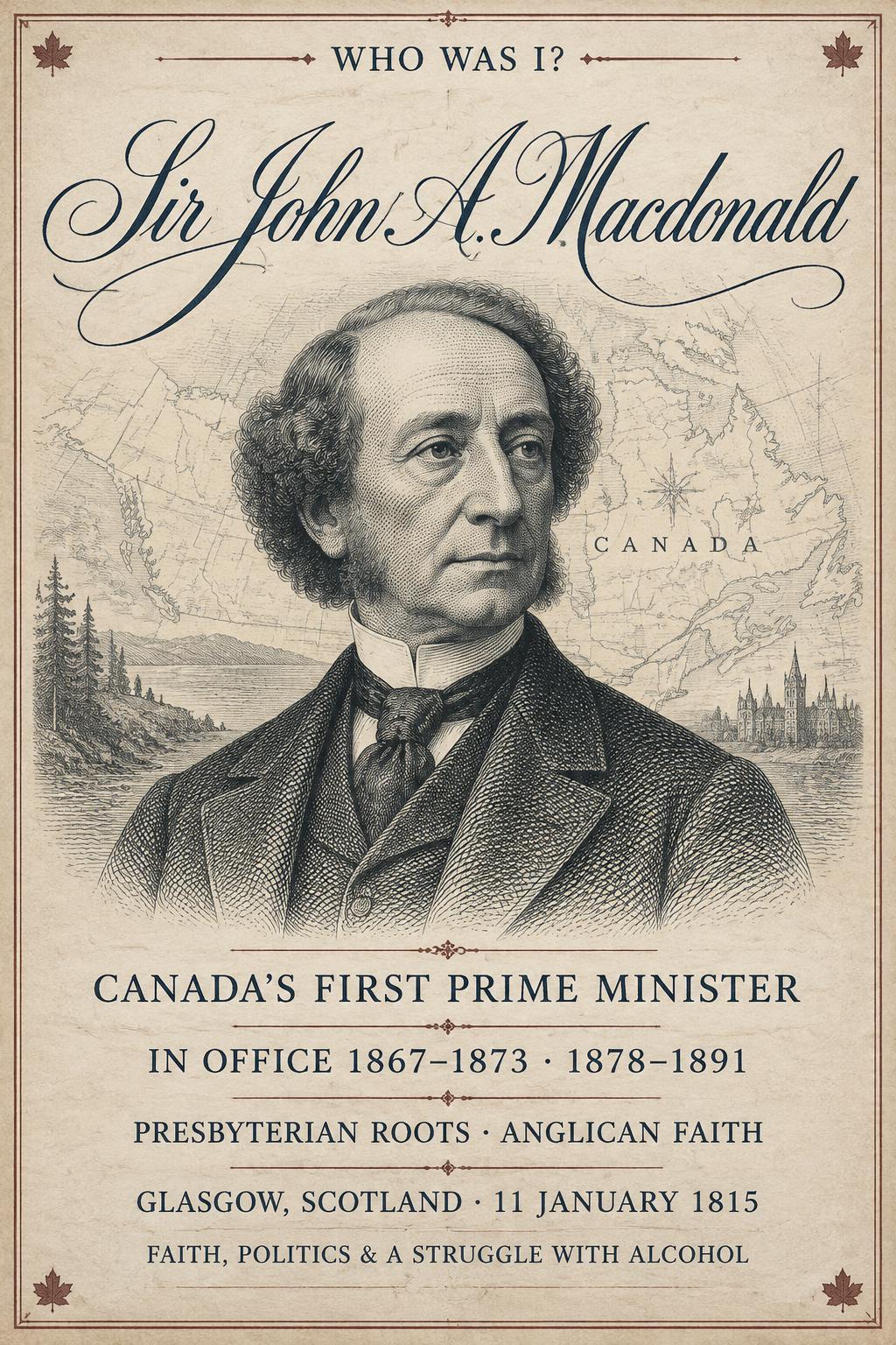 "WHO WAS I?
SIR JOHN A. MACDONALD
CANADA'S FIRST PRIME MINISTER
IN OFFICE 1867–1873 · 1878–1891
PRESBYTERIAN ROOTS · ANGLICAN FAITH
GLASGOW, SCOTLAND · 11 JANUARY 1815
FAITH, POLITICS & A STRUGGLE WITH ALCOHOL" — Archival Engraving | AI Text Effect Generator