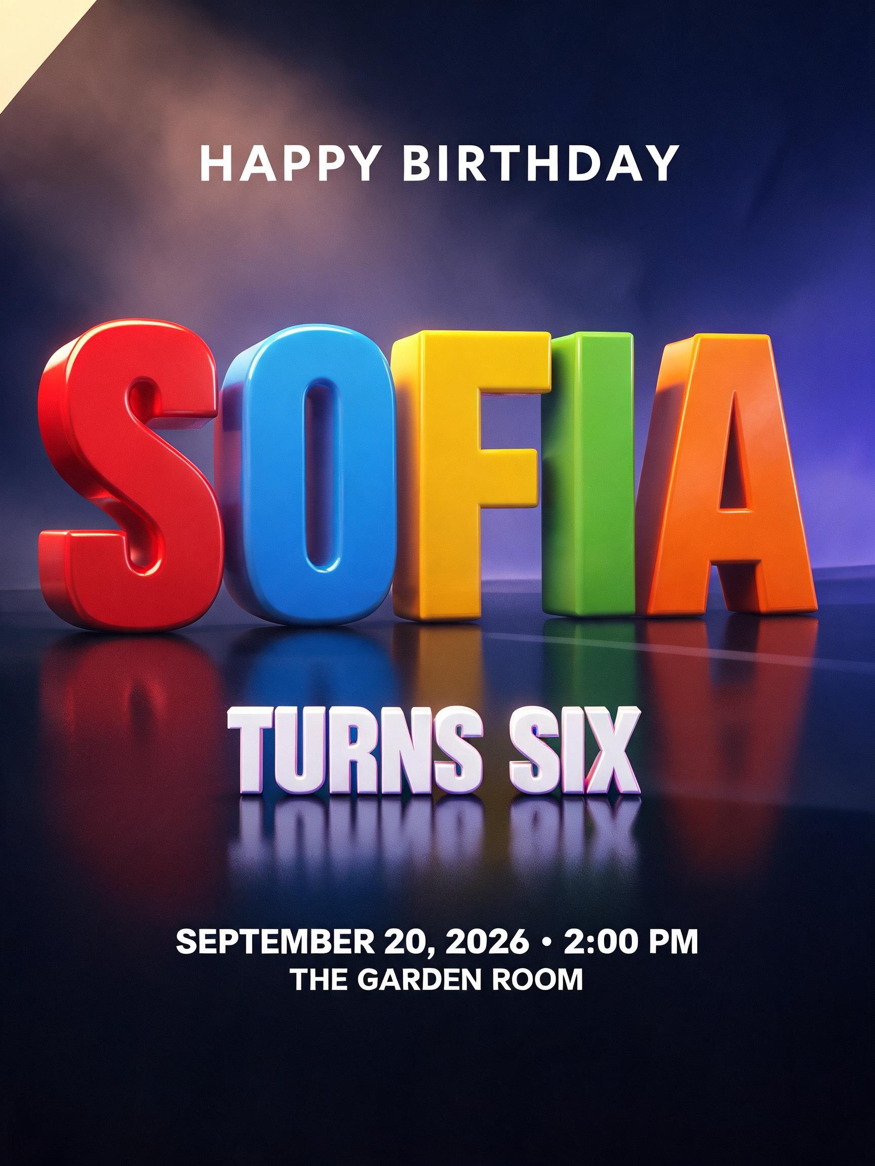"HAPPY BIRTHDAY
SOFIA
TURNS SIX
SEPTEMBER 20, 2026 • 2:00 PM
THE GARDEN ROOM" — 3d Bold | AI Text Effect Generator