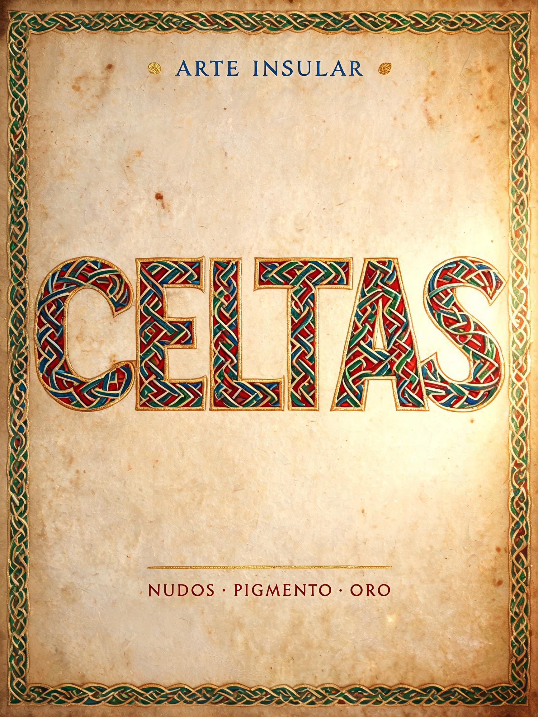 "CELTAS
ARTE INSULAR
NUDOS · PIGMENTO · ORO" — Medieval text effect