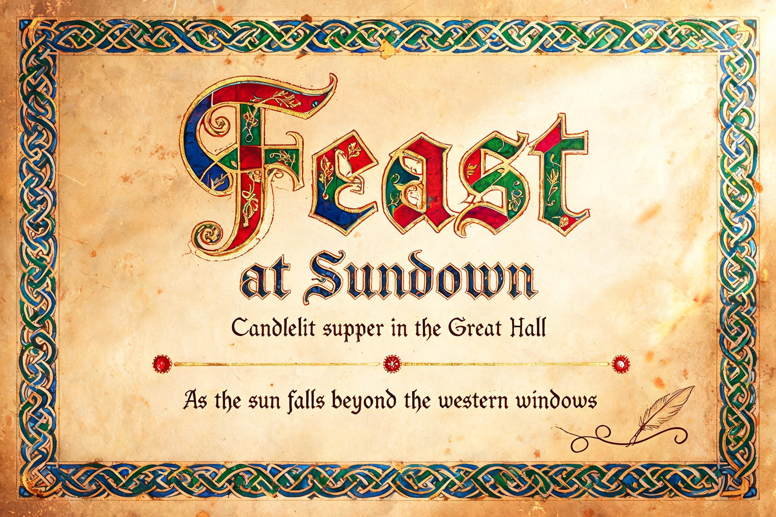 "Feast at Sundown
Candlelit supper in the Great Hall
As the sun falls beyond the western windows" — Medieval | AI Text Effect Generator