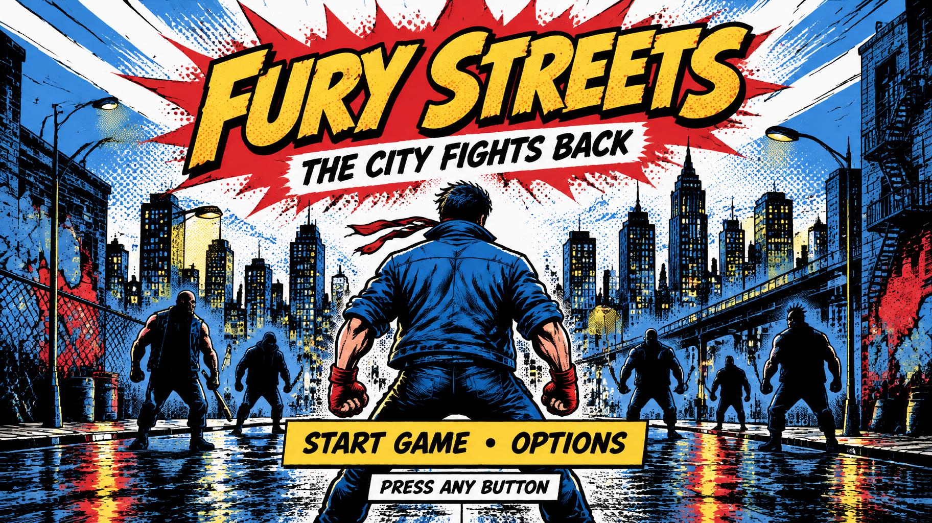 "FURY STREETS
THE CITY FIGHTS BACK
START GAME  •  OPTIONS
PRESS ANY BUTTON" — Comic Book | AI Text Effect Generator