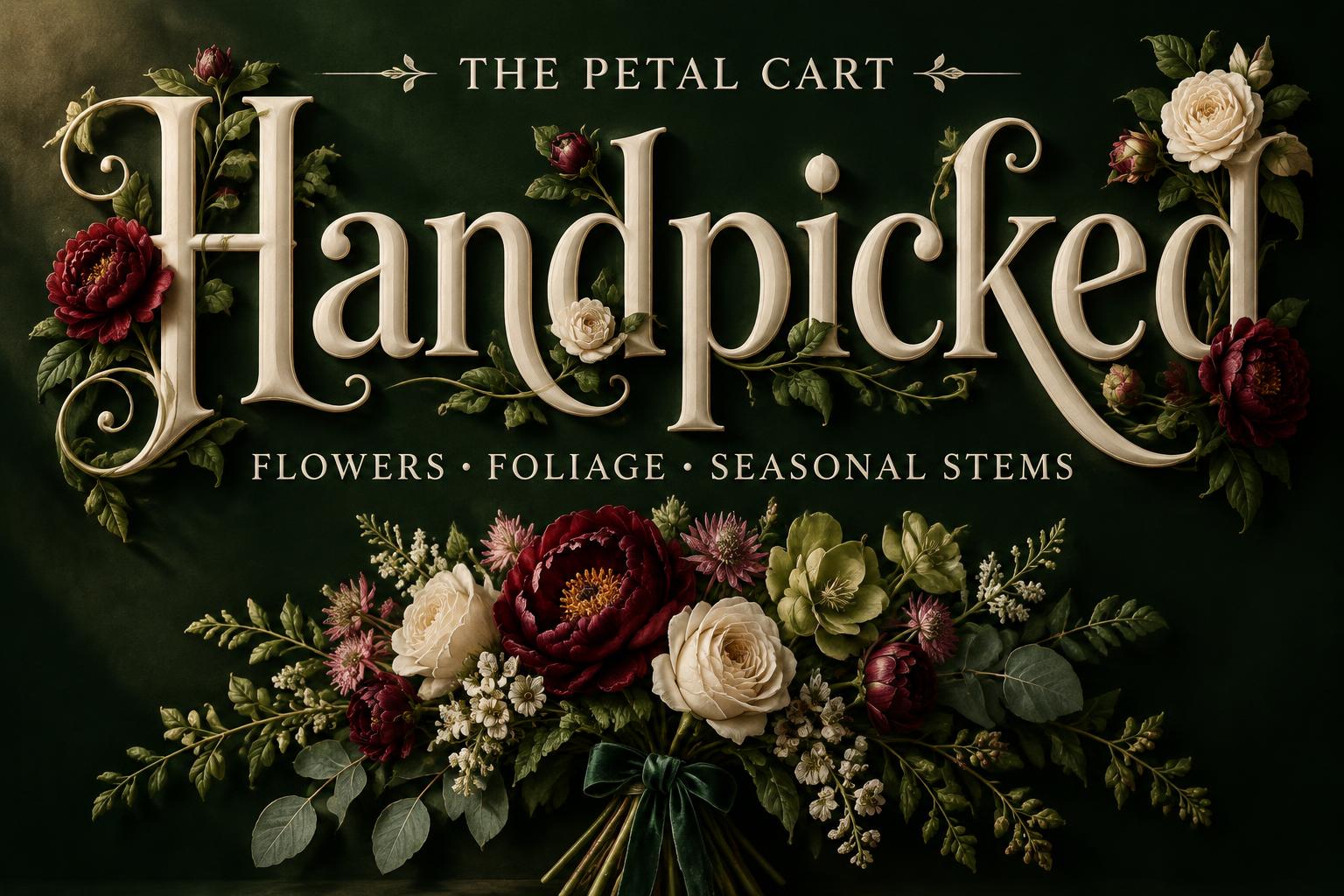 "Handpicked
THE PETAL CART
FLOWERS • FOLIAGE • SEASONAL STEMS" — Floral | AI Text Effect Generator