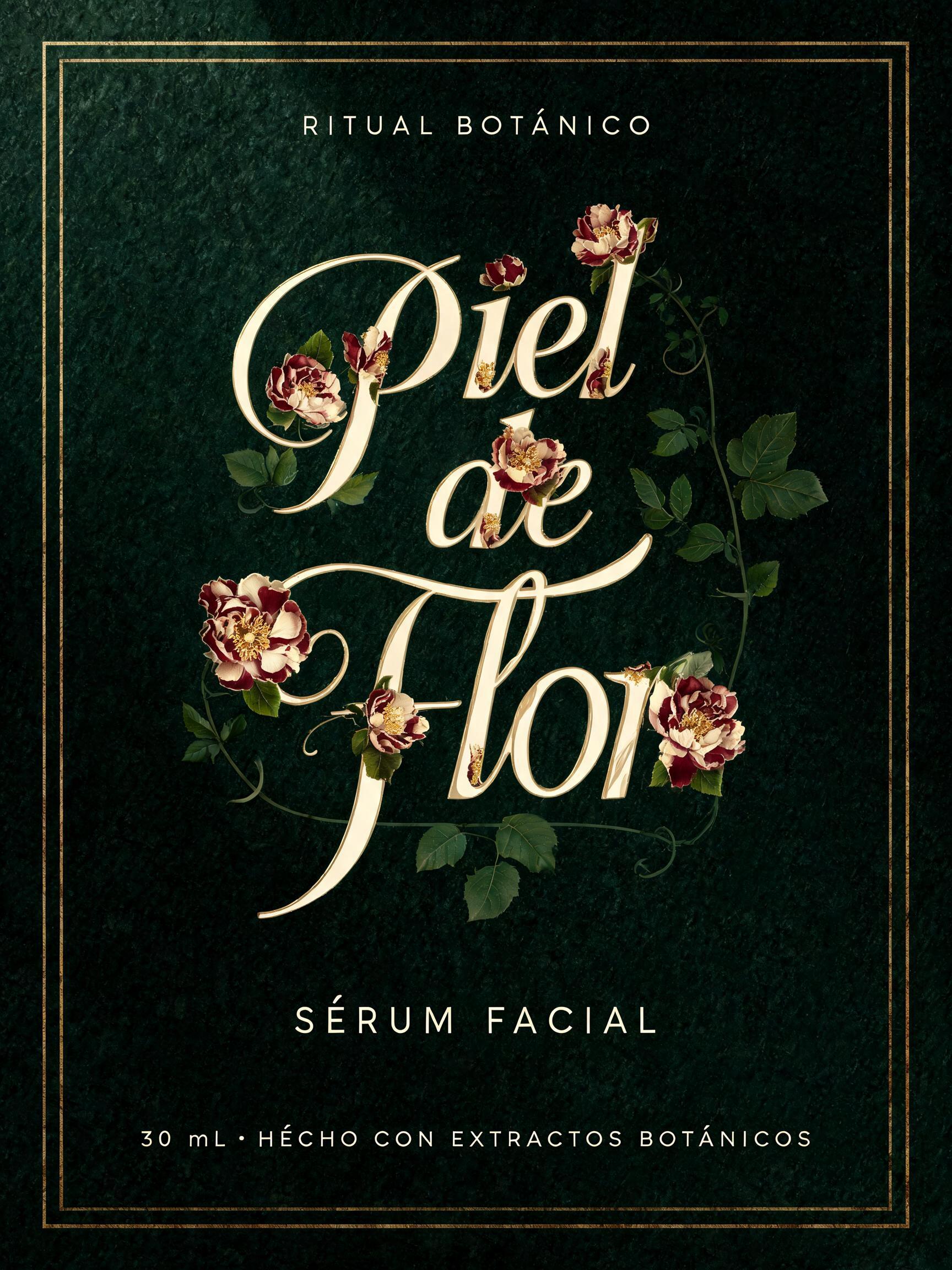"Piel de Flor
RITUAL BOTÁNICO
SÉRUM FACIAL
30 ml · HECHO CON EXTRACTOS BOTÁNICOS" — Floral | AI Text Effect Generator