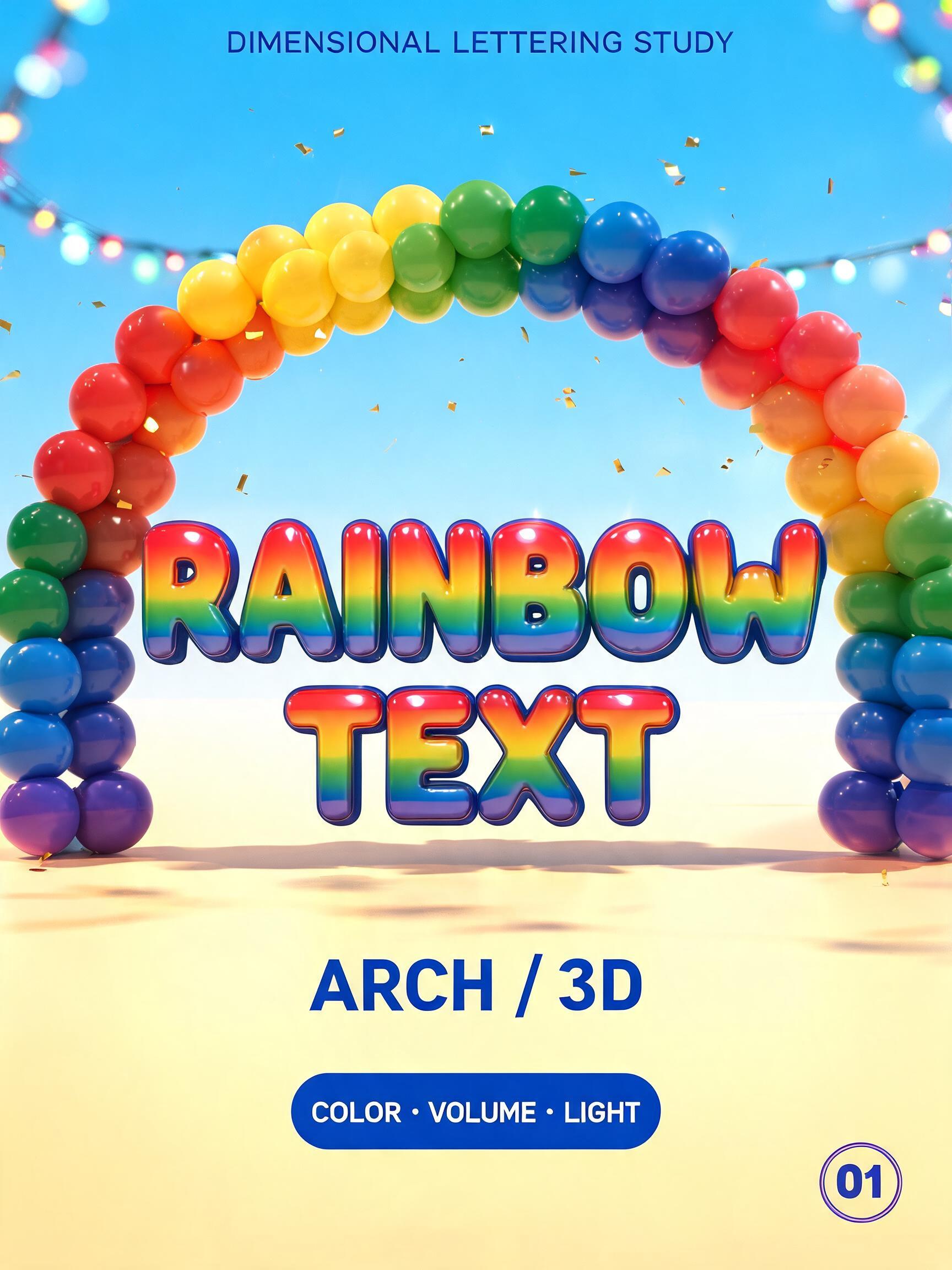RAINBOW
TEXT
DIMENSIONAL LETTERING STUDY
ARCH / 3D
COLOR • VOLUME • LIGHT
01