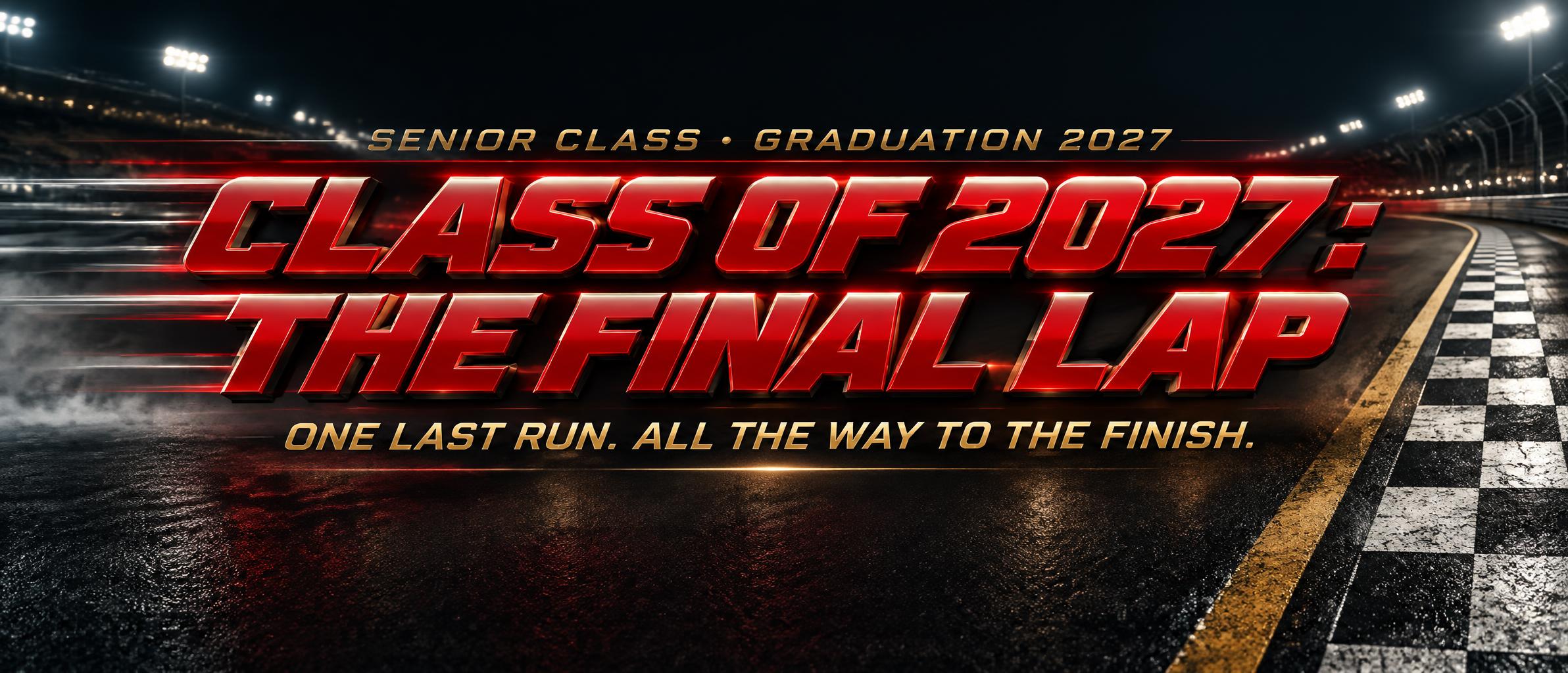 "CLASS OF 2027 : THE FINAL LAP
SENIOR CLASS • GRADUATION 2027
ONE LAST RUN. ALL THE WAY TO THE FINISH." — Racing | AI Text Effect Generator