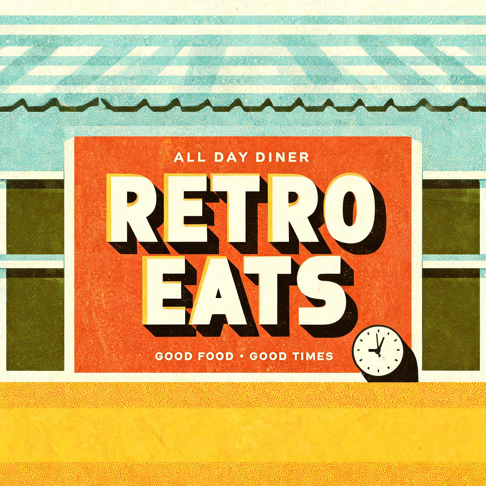 "RETRO
EATS
ALL DAY DINER
GOOD FOOD · GOOD TIMES" — Kagemoji text effect