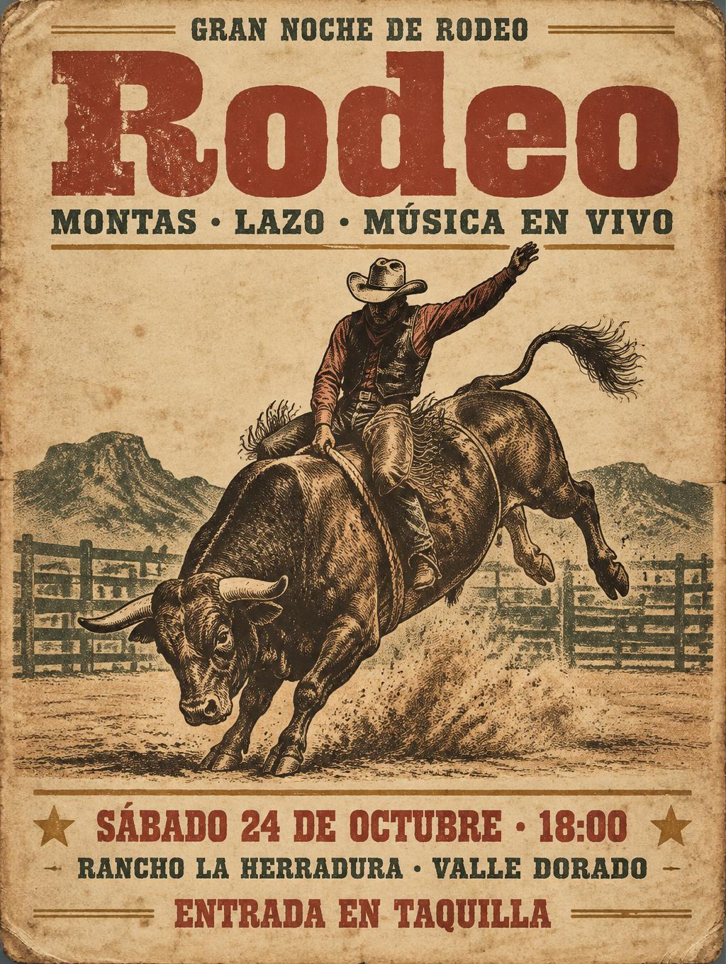 "Rodeo
GRAN NOCHE DE RODEO
MONTAS · LAZO · MÚSICA EN VIVO
SÁBADO 24 DE OCTUBRE · 18:00
RANCHO LA HERRADURA · VALLE DORADO
ENTRADA EN TAQUILLA" — Vintage | AI Text Effect Generator