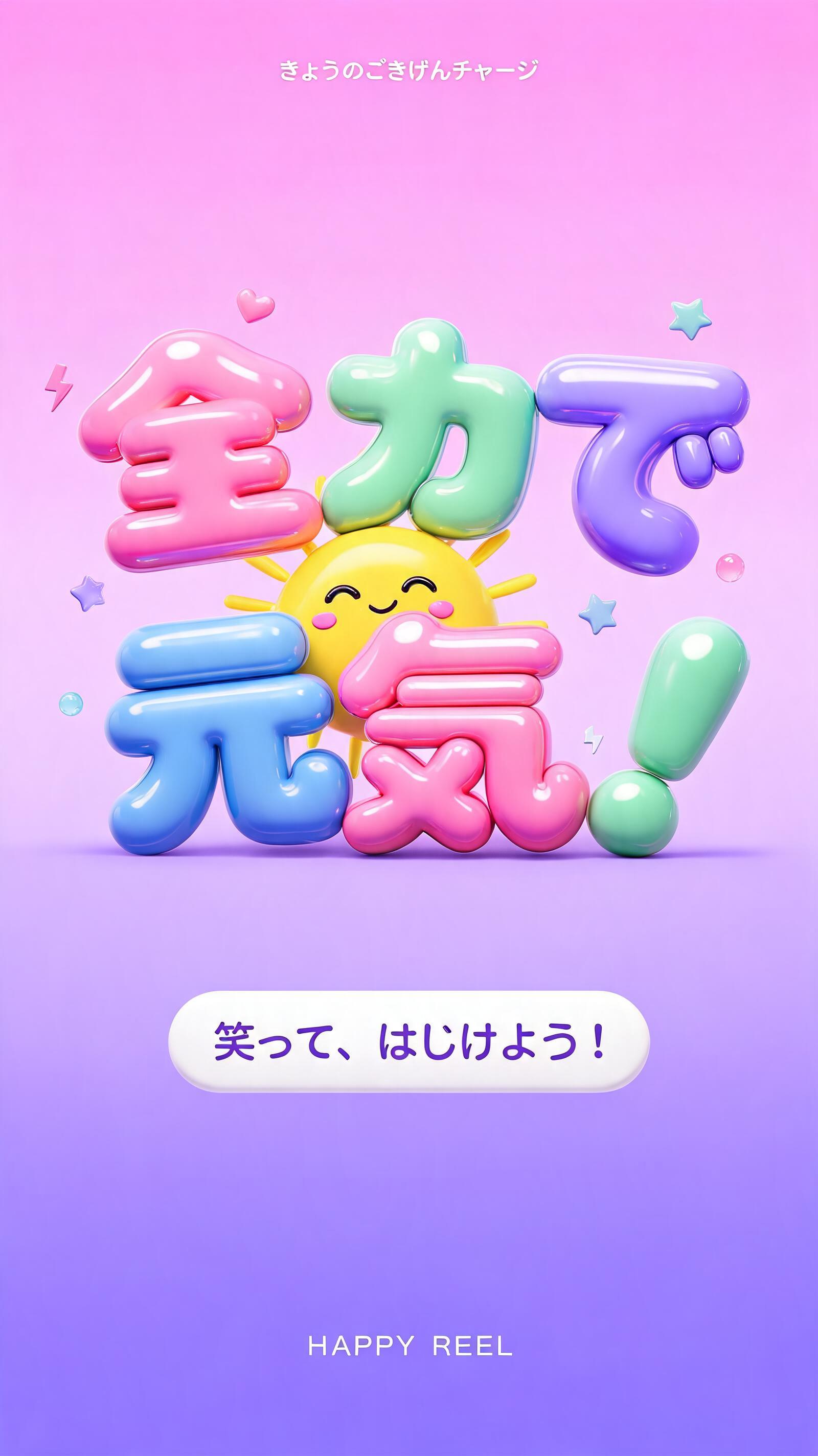 "全力で
元気！
きょうのごきげんチャージ
笑って、はじけよう！
HAPPY REEL" — 3d Bold Inflated | AI Text Effect Generator