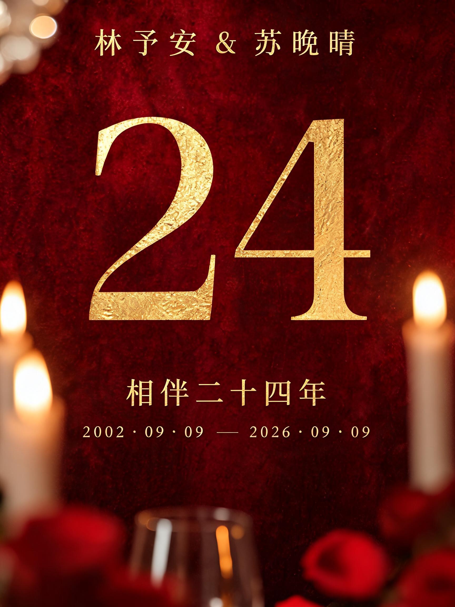 24
林予安 & 苏晚晴
相伴二十四年
2002 · 09 · 09  —  2026 · 09 · 09
