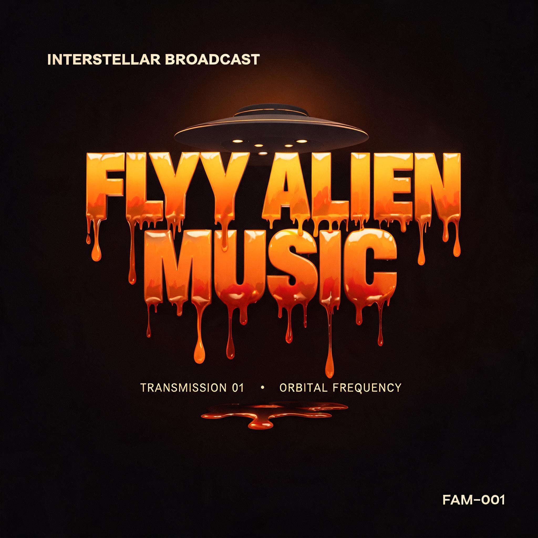 "FLYY ALIEN
MUSIC
INTERSTELLAR BROADCAST
TRANSMISSION 01  •  ORBITAL FREQUENCY
FAM-001" — Drip Font Melting text effect
