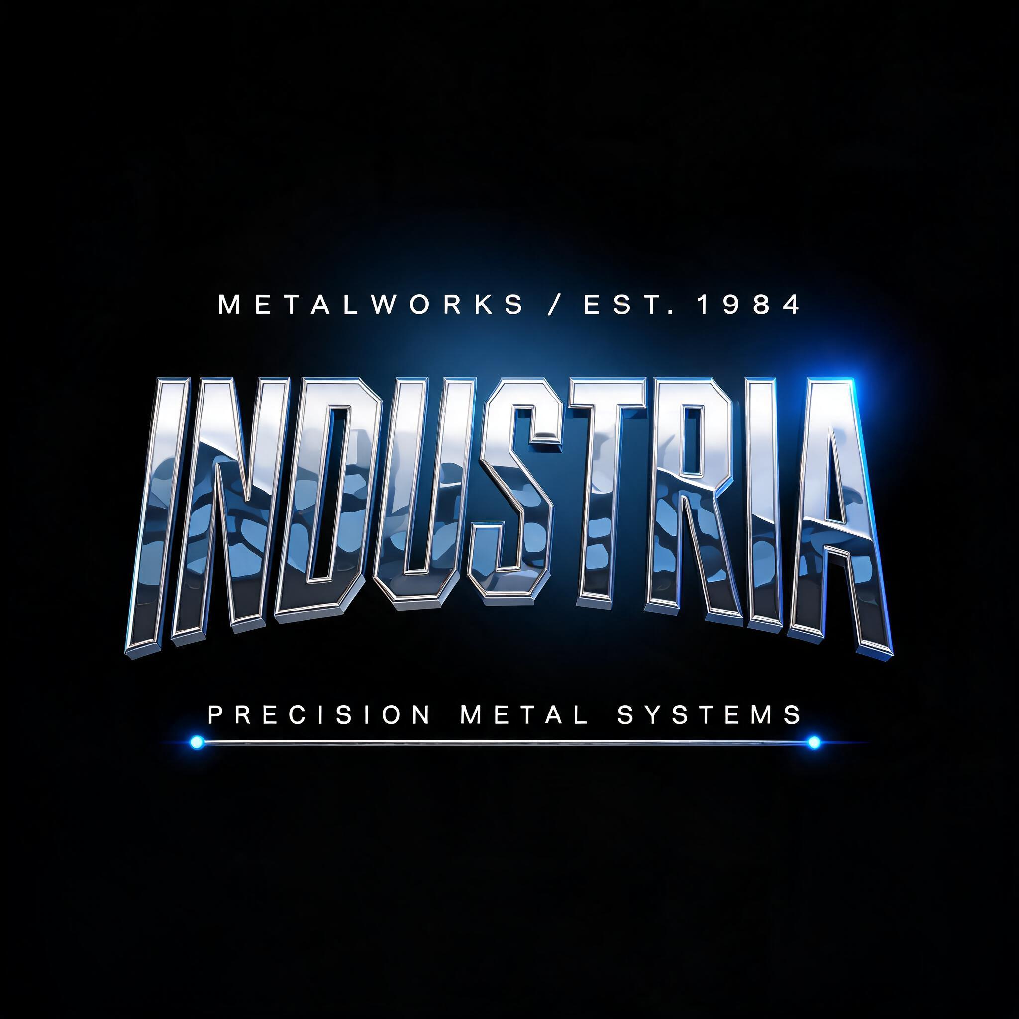 "INDUSTRIA
METALWORKS / EST. 1984
PRECISION METAL SYSTEMS" — Chrome Metal 3d | AI Text Effect Generator