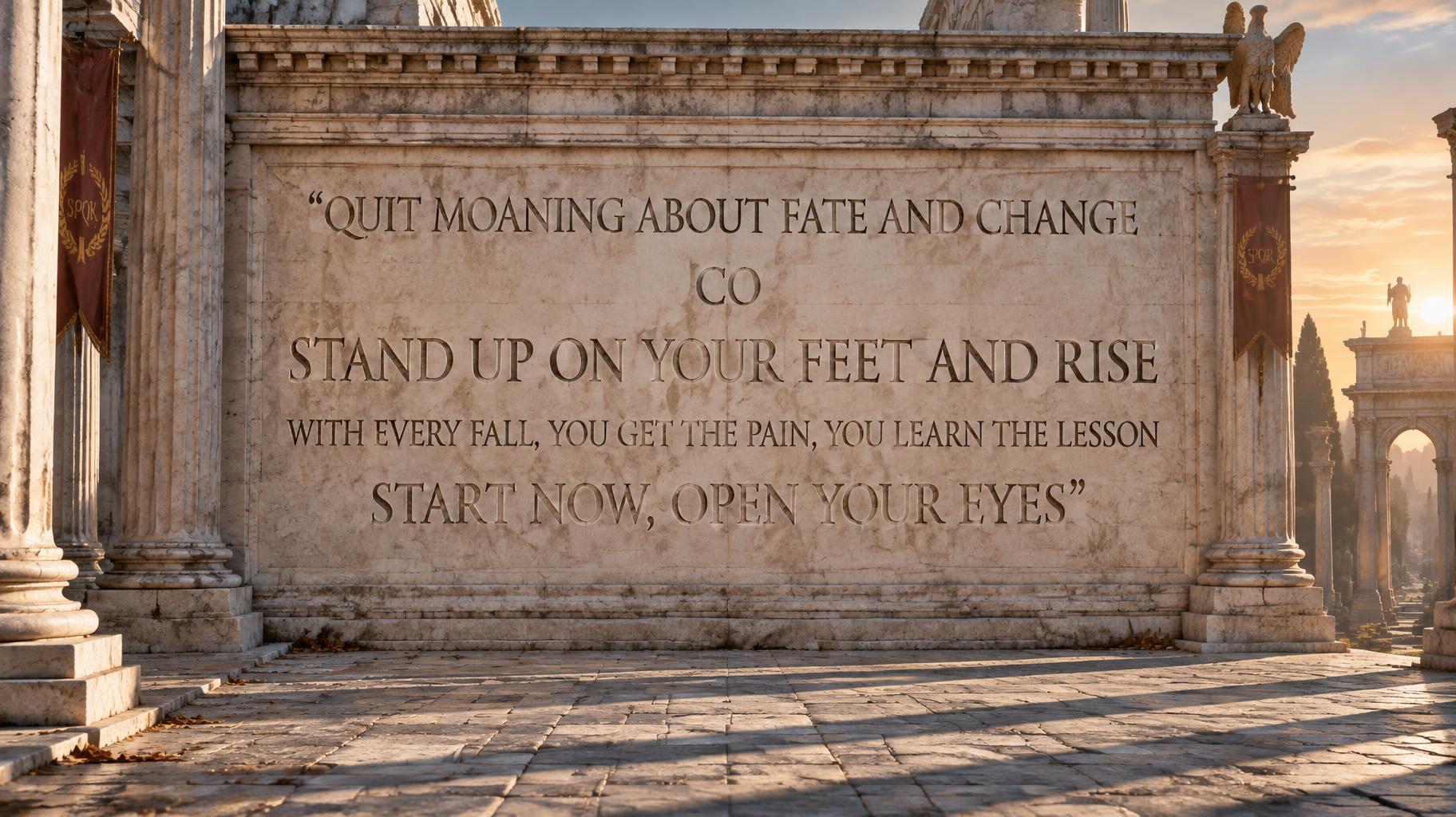 "Quit moaning about fate and change

Co

Stand up on your feet and rise

With every fall, you get the pain, you learn the lesson

Start now, open your eyes" —  | AI Text Effect Generator