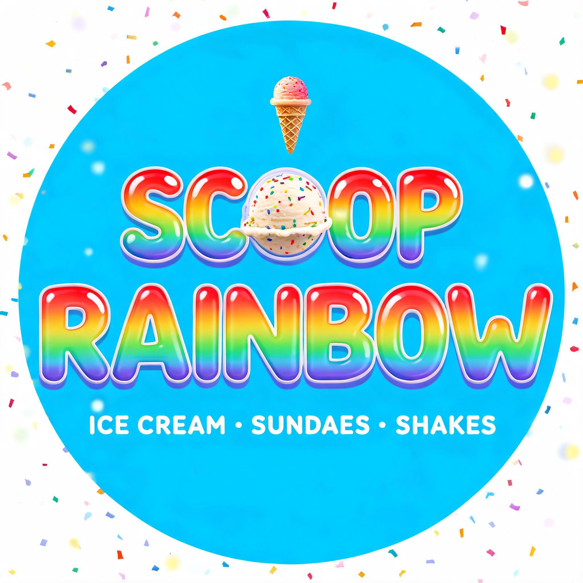 "SCOOP
RAINBOW
ICE CREAM • SUNDAES • SHAKES" — Rainbow text effect