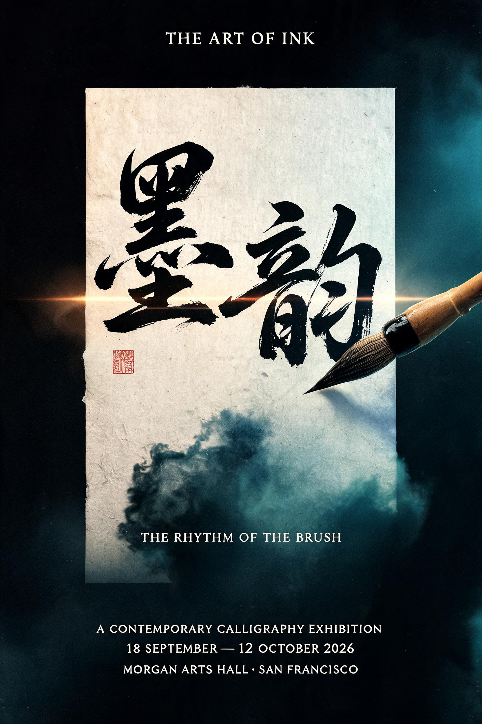 "墨韵
THE RHYTHM OF THE BRUSH
THE ART OF INK
A CONTEMPORARY CALLIGRAPHY EXHIBITION
18 SEPTEMBER — 12 OCTOBER 2026
MORGAN ARTS HALL · SAN FRANCISCO" — Cinematic text effect