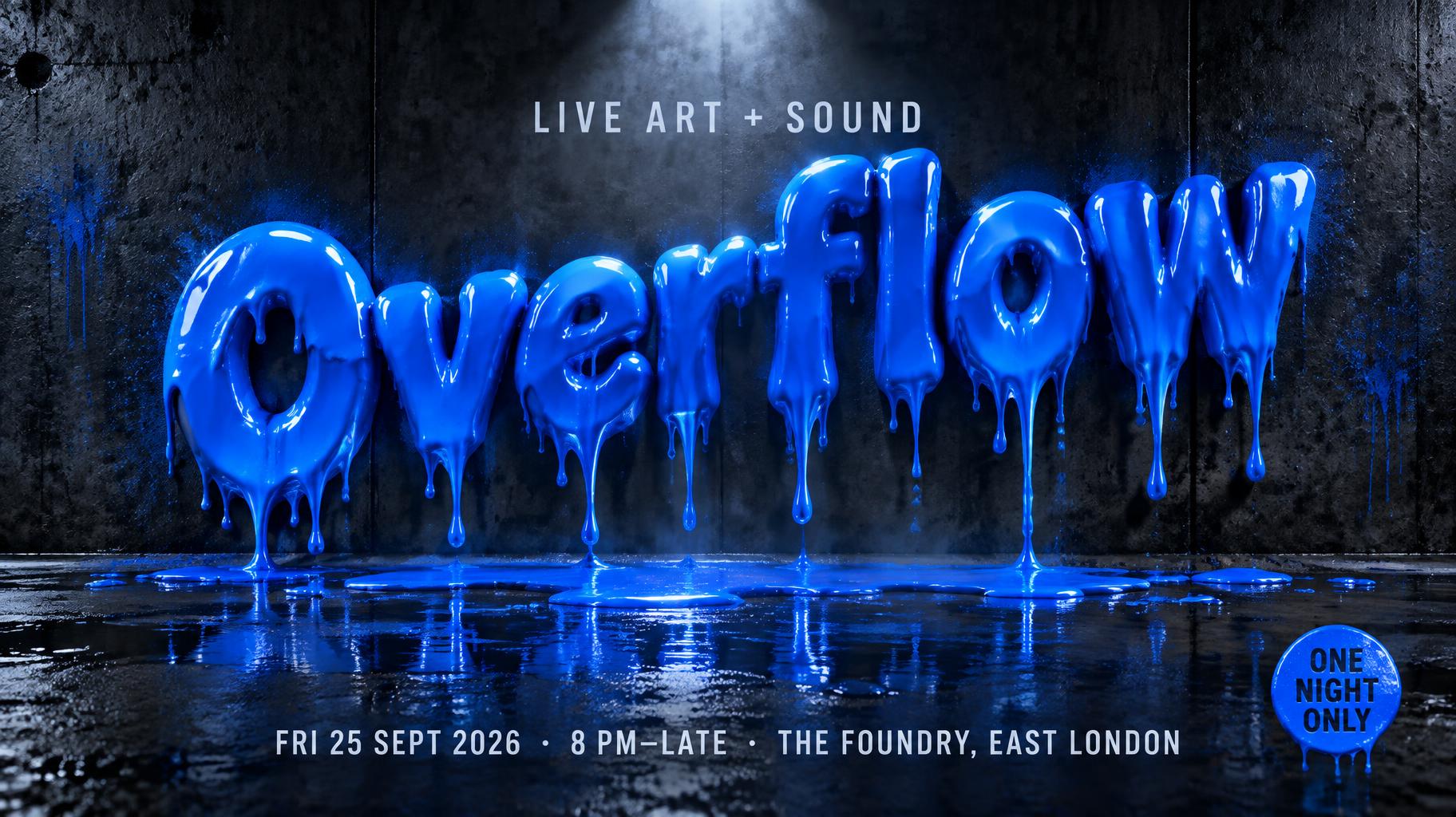 "Overflow
LIVE ART + SOUND
FRI 25 SEPT 2026 · 8 PM–LATE · THE FOUNDRY, EAST LONDON
ONE NIGHT ONLY" — Drip Font | AI Text Effect Generator
