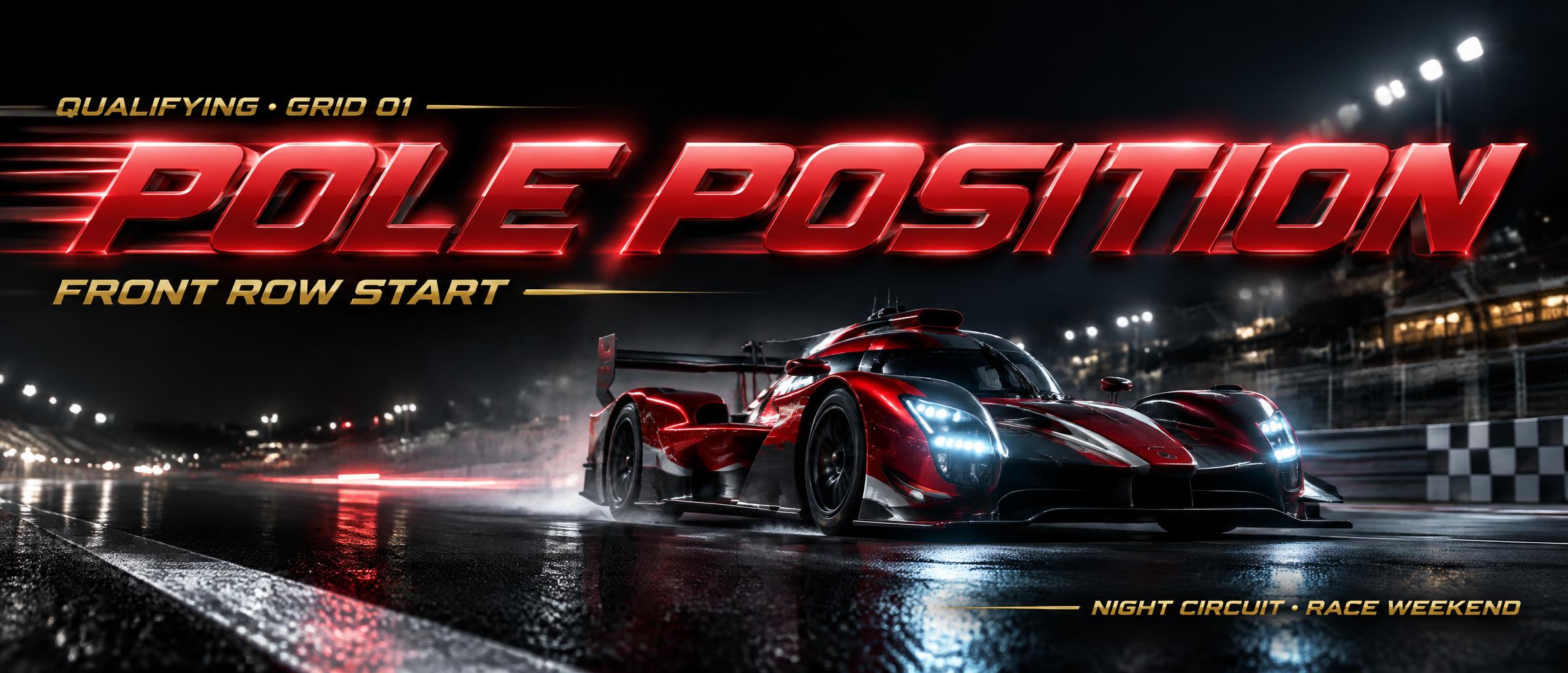 "POLE POSITION
QUALIFYING • GRID 01
FRONT ROW START
NIGHT CIRCUIT • RACE WEEKEND" — Racing | AI Text Effect Generator