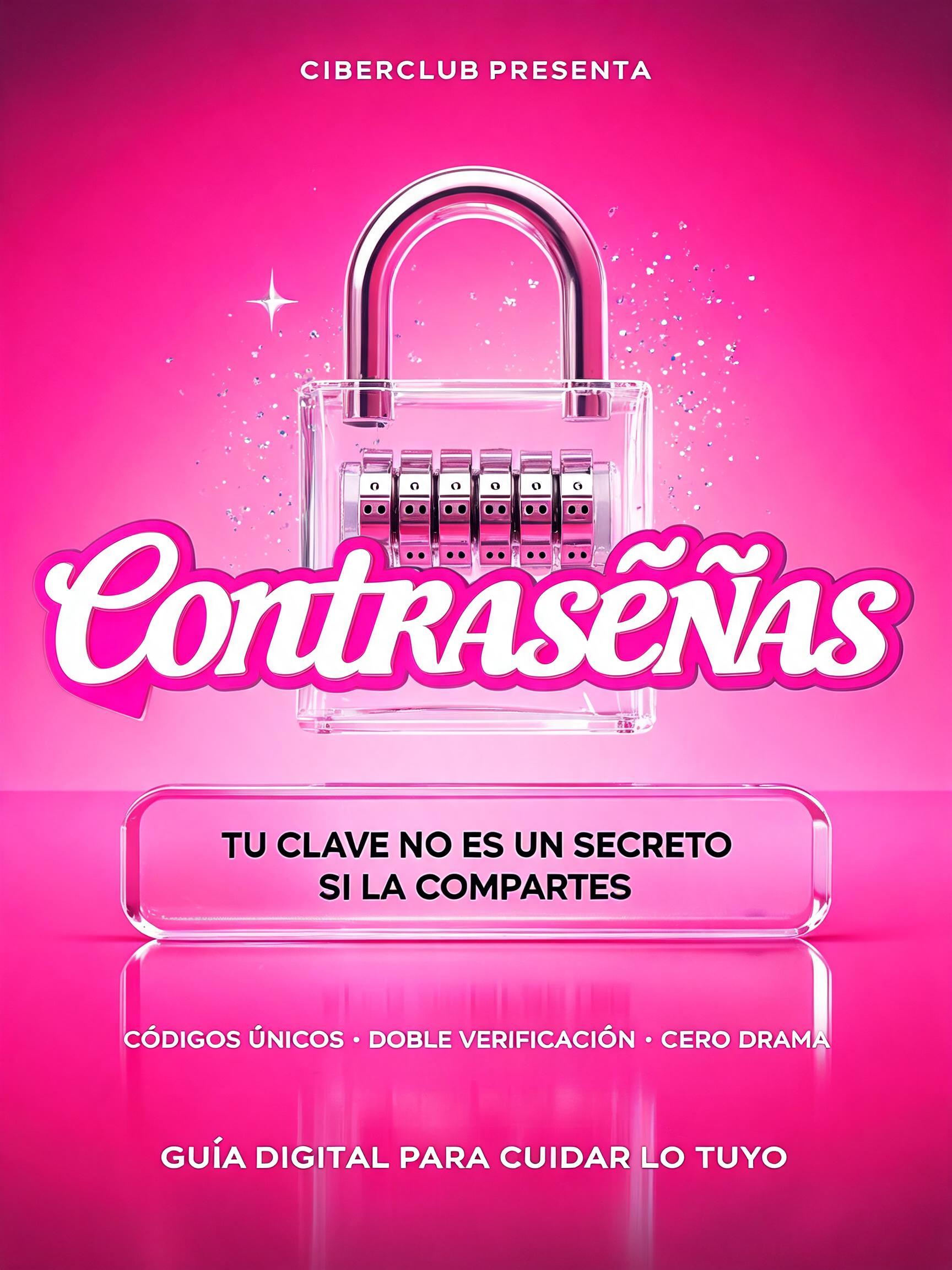 "CONTRASEÑAS
CIBERCLUB PRESENTA
TU CLAVE NO ES UN SECRETO SI LA COMPARTES
CÓDIGOS ÚNICOS · DOBLE VERIFICACIÓN · CERO DRAMA
GUÍA DIGITAL PARA CUIDAR LO TUYO" — Barbie text effect
