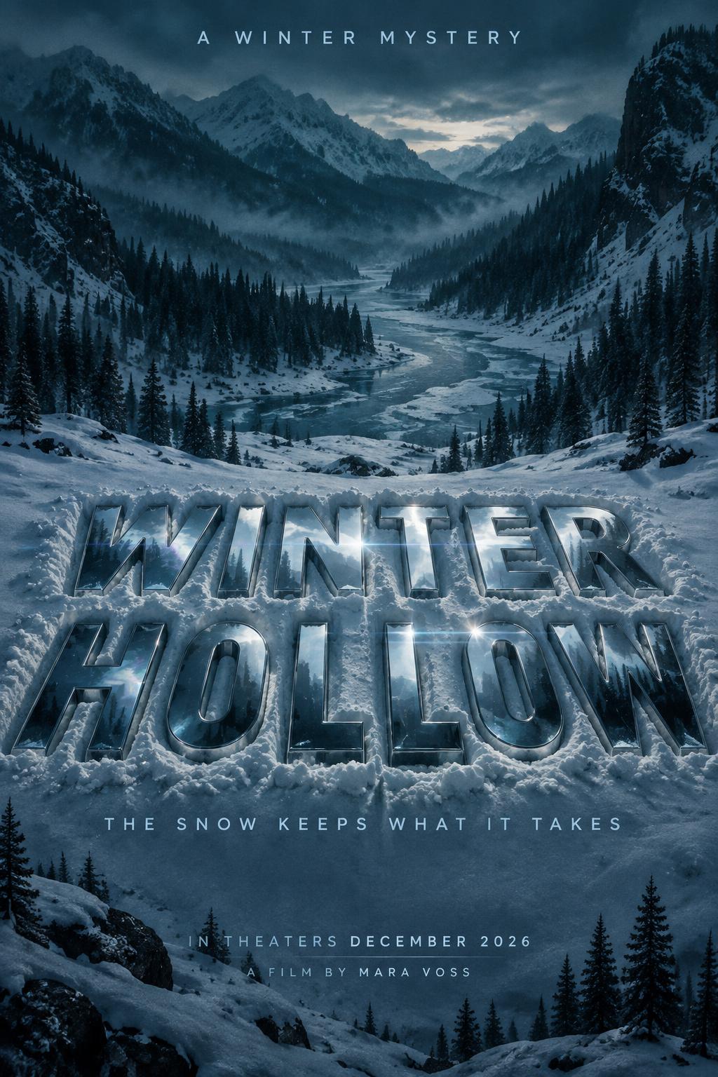 "WINTER HOLLOW
A WINTER MYSTERY
THE SNOW KEEPS WHAT IT TAKES
IN THEATERS DECEMBER 2026
A FILM BY MARA VOSS" — Cinematic Netflix | AI Text Effect Generator