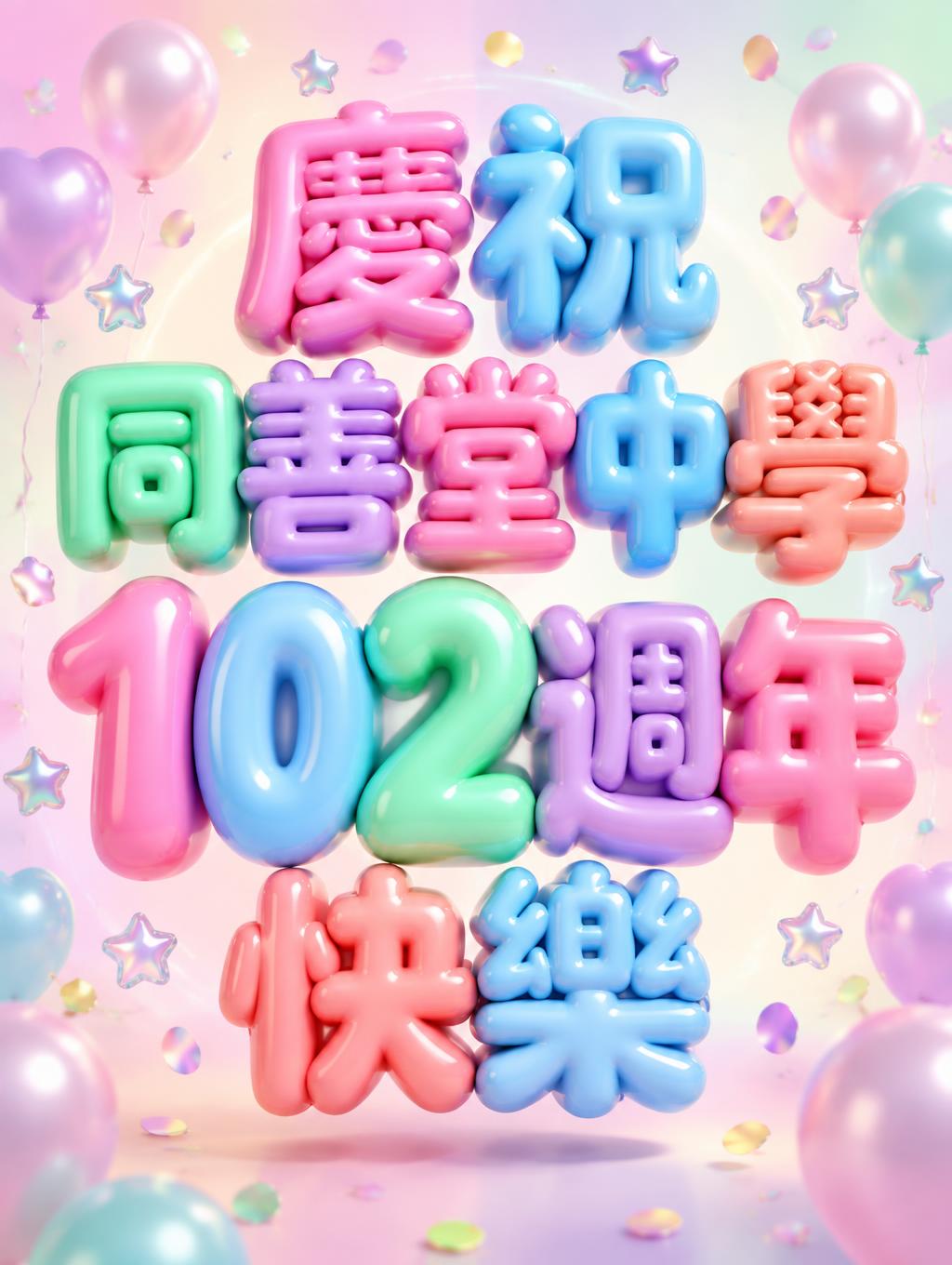 "慶祝
同善堂中學
102週年
快樂" — 3d Bold Inflated | AI Text Effect Generator