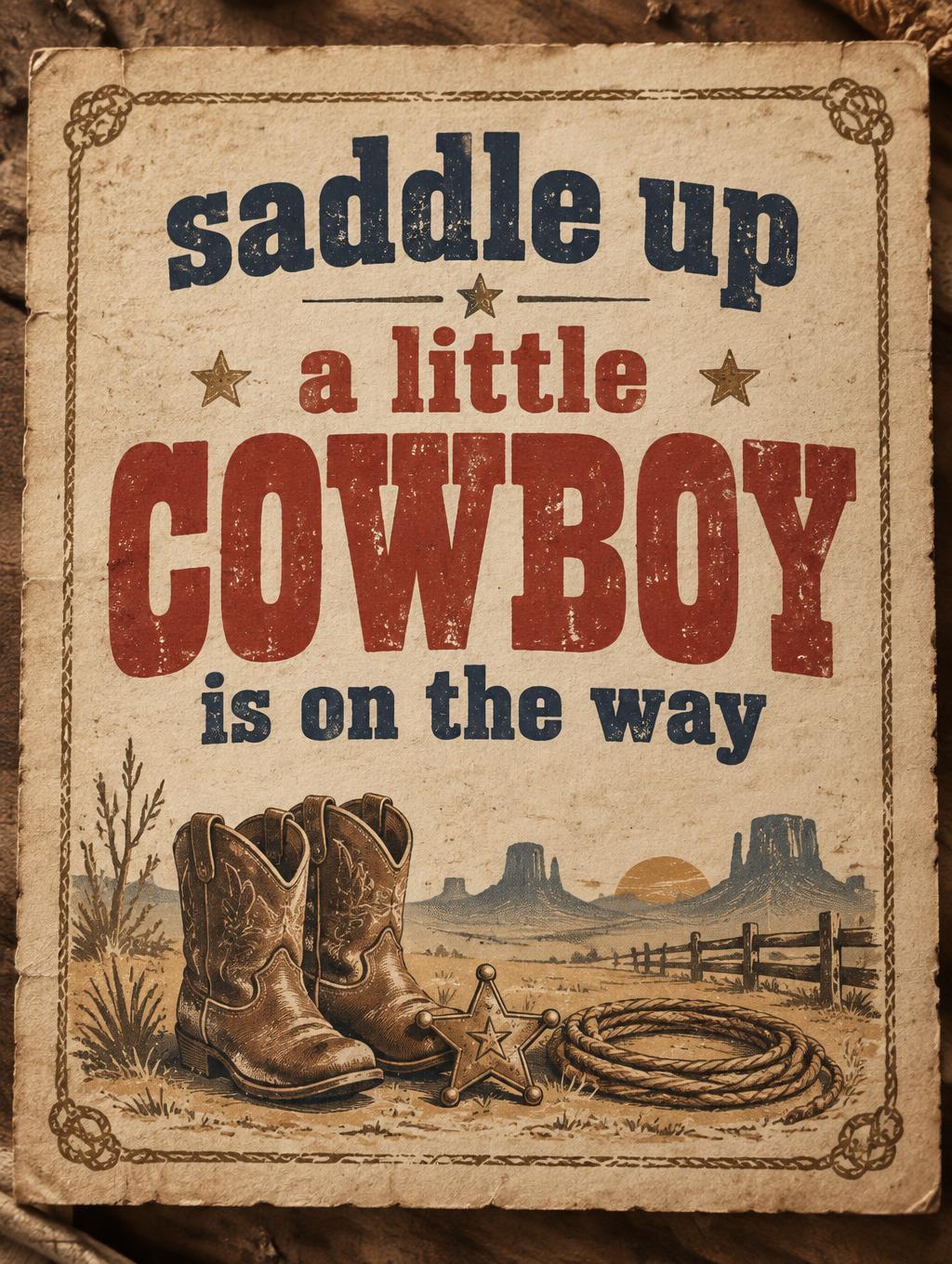 "saddle up  a little COWBOY 
 is on the way" — Vintage | AI Text Effect Generator