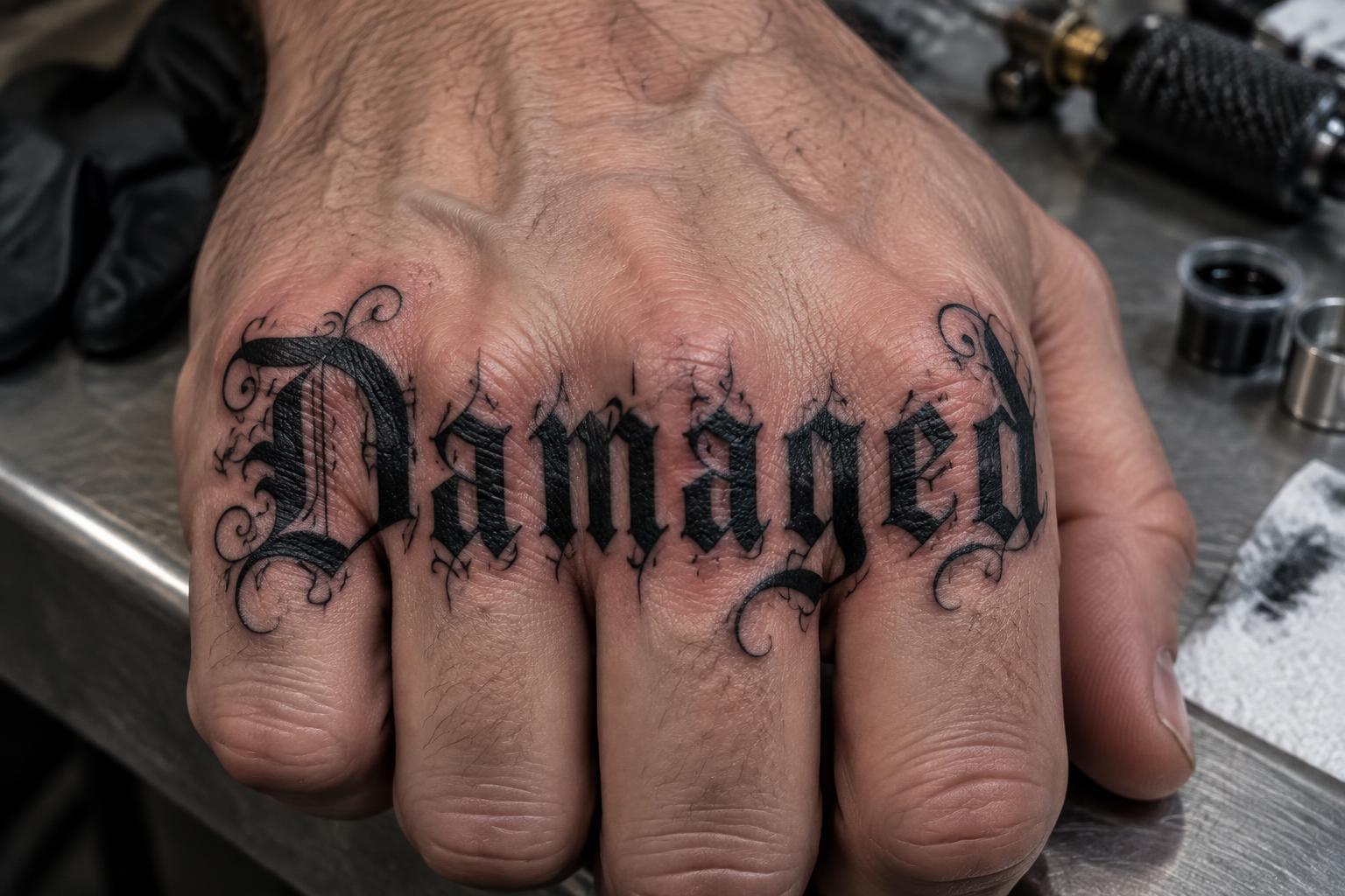 "Damaged" — Tattoo | AI Text Effect Generator