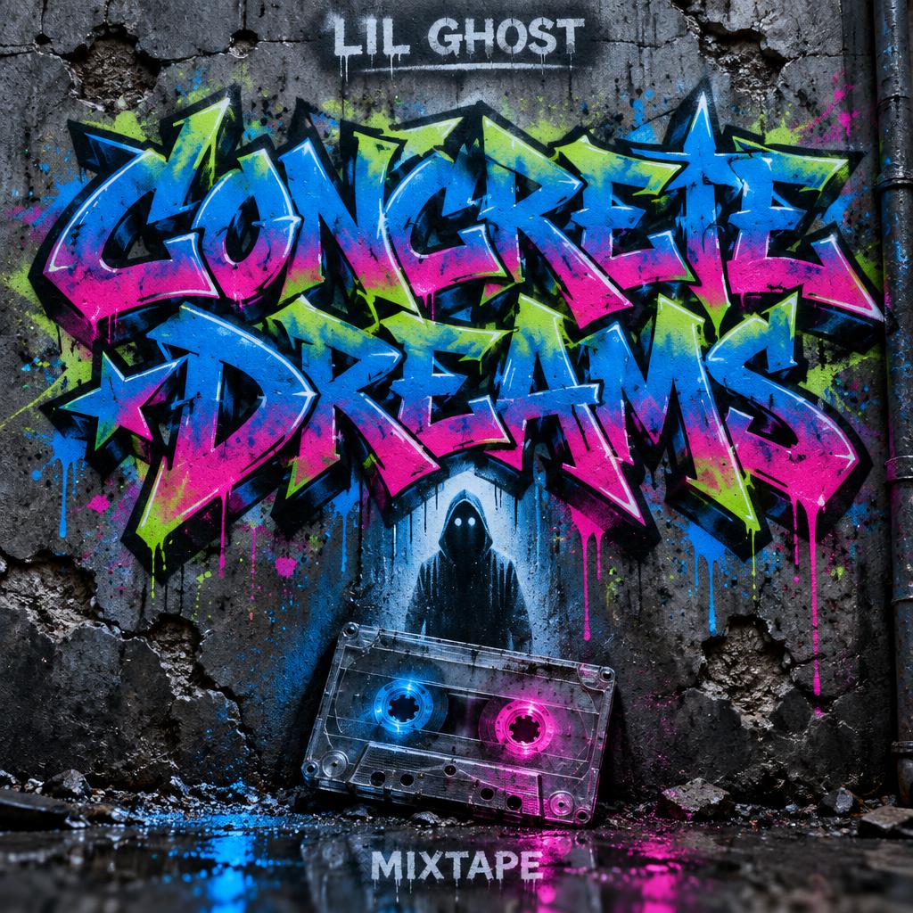 "CONCRETE DREAMS
LIL GHOST
MIXTAPE" — Graffiti | AI Text Effect Generator