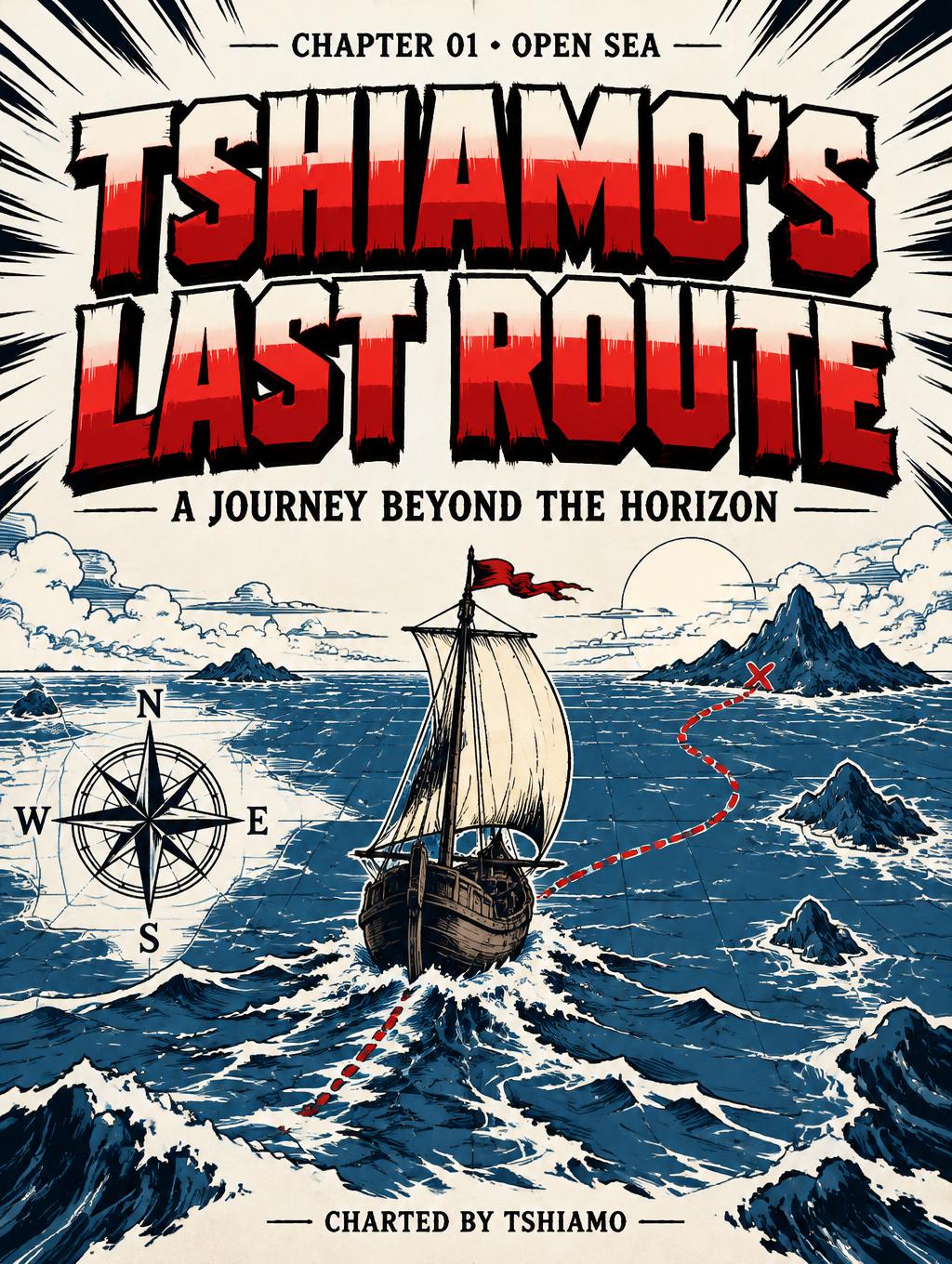 "TSHIAMO'S LAST ROUTE
A JOURNEY BEYOND THE HORIZON
CHAPTER 01 • OPEN SEA
CHARTED BY TSHIAMO" — Anime | AI Text Effect Generator