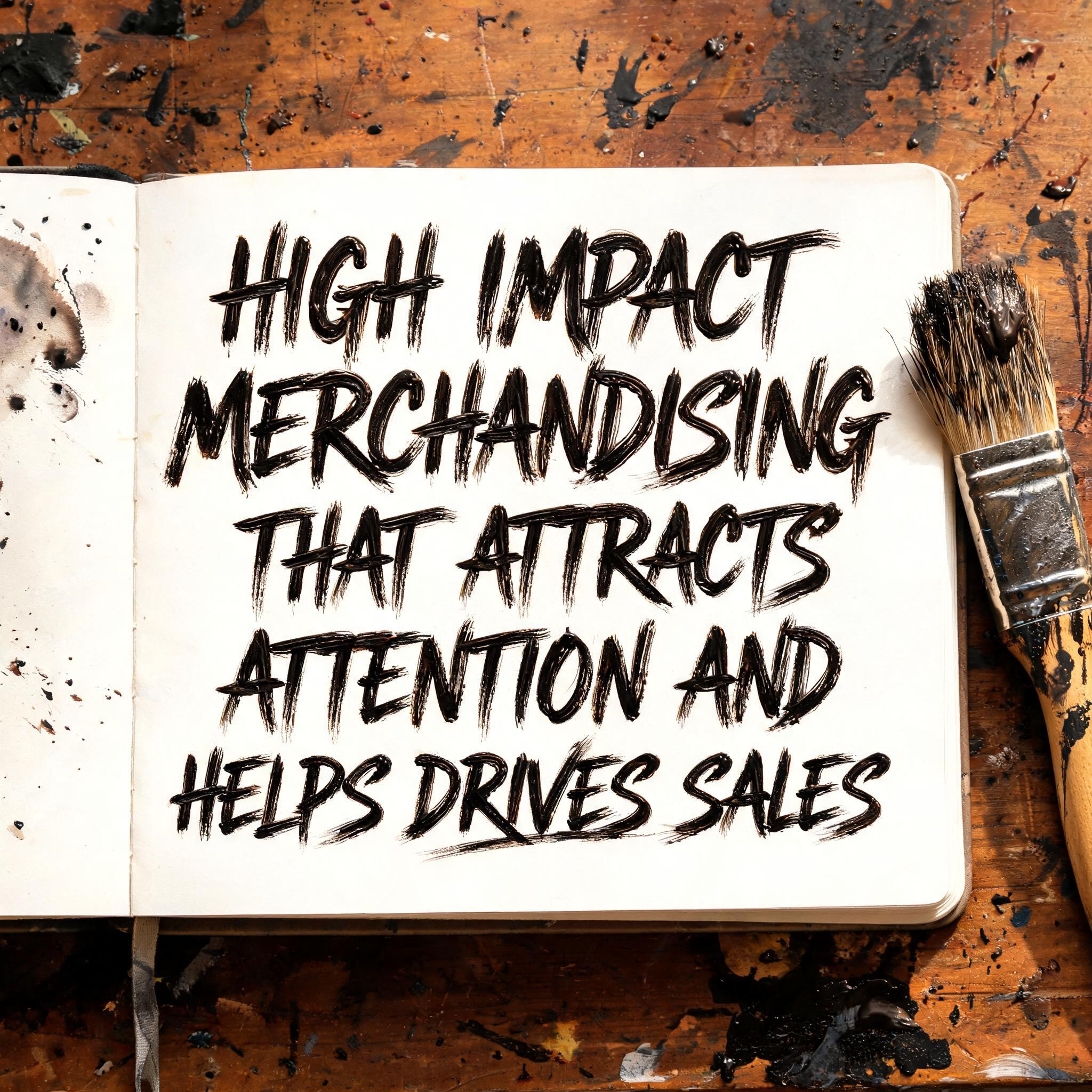 "HIGH IMPACT MERCHANDISING THAT ATTRACTS ATTENTION AND HELPS DRIVES SALES" — Brush Stroke | AI Text Effect Generator