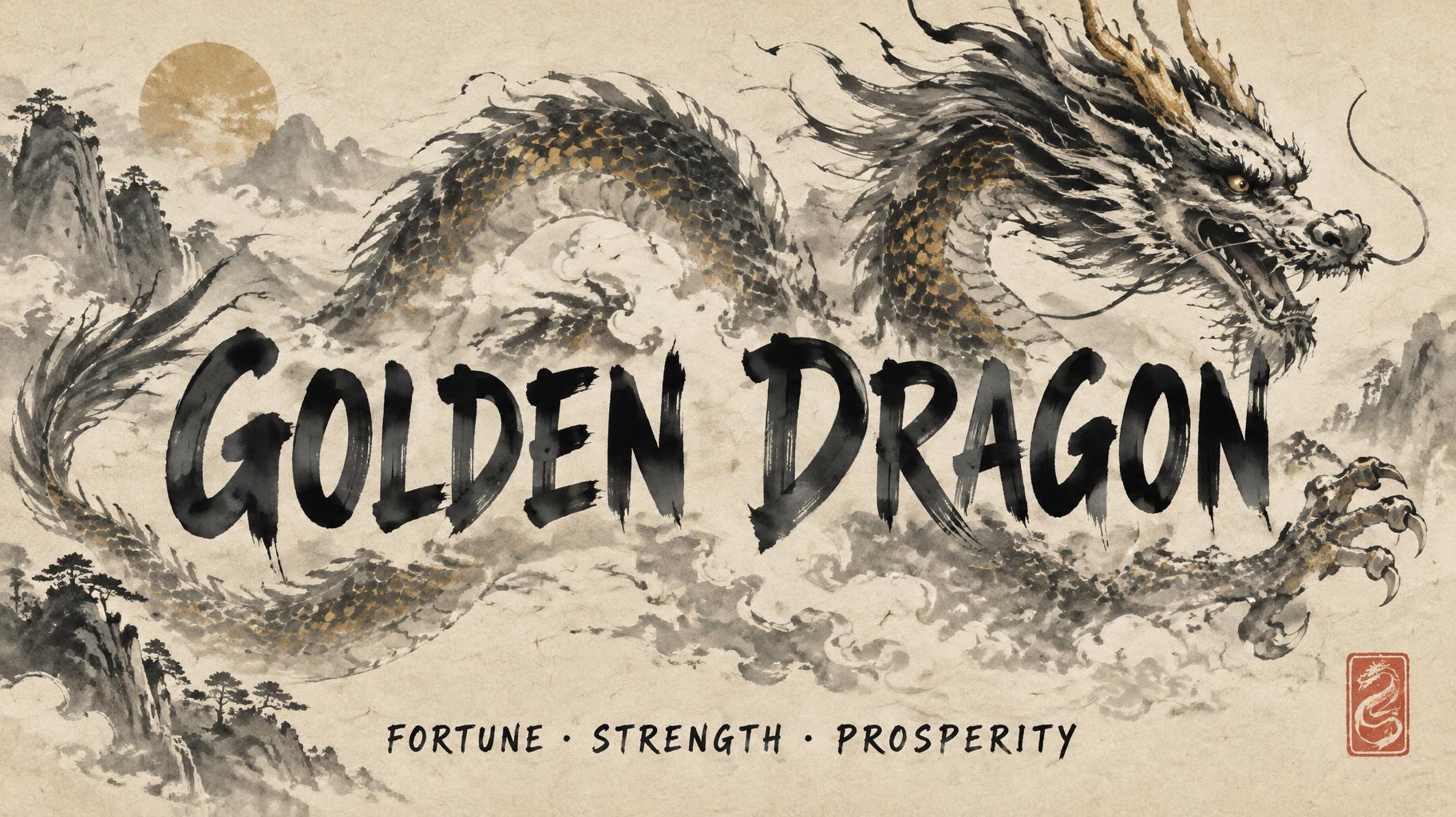 "GOLDEN DRAGON
FORTUNE · STRENGTH · PROSPERITY" — Brush Chinese Ink | AI Text Effect Generator