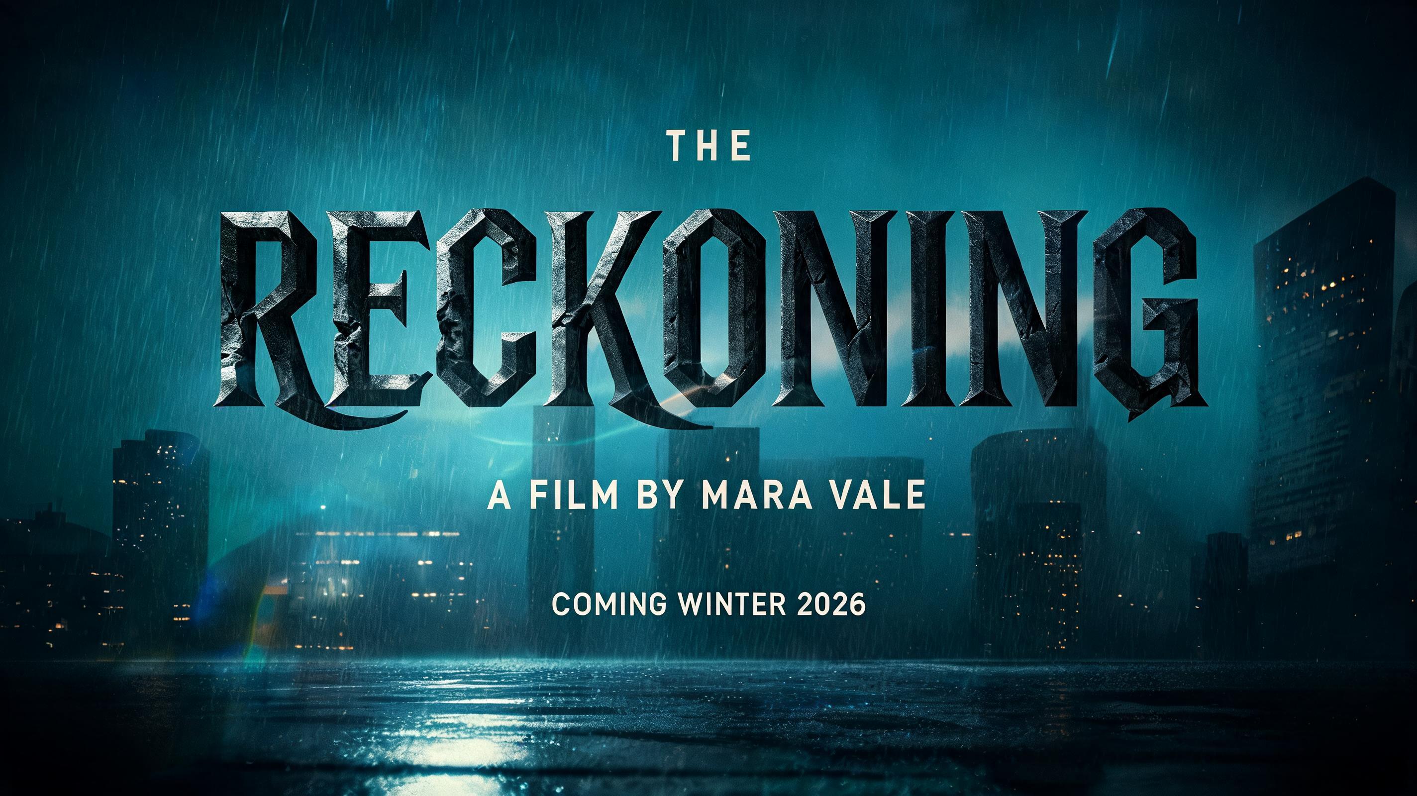 "THE
RECKONING
A FILM BY MARA VALE
COMING WINTER 2026" — Cinematic | AI Text Effect Generator