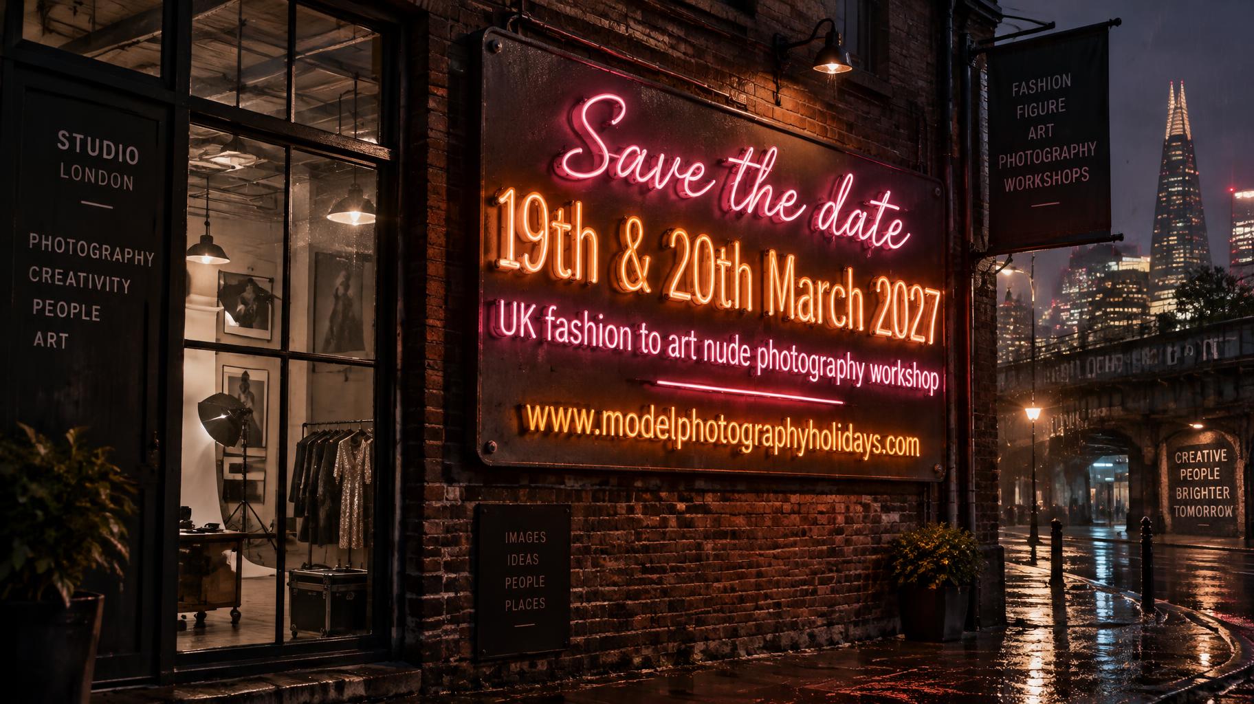 "Save the date 19th & 20th March 2027 UK fashion to art nude photography workshop 
www.modelphotographyholidays.com" — Neon Sign | AI Text Effect Generator