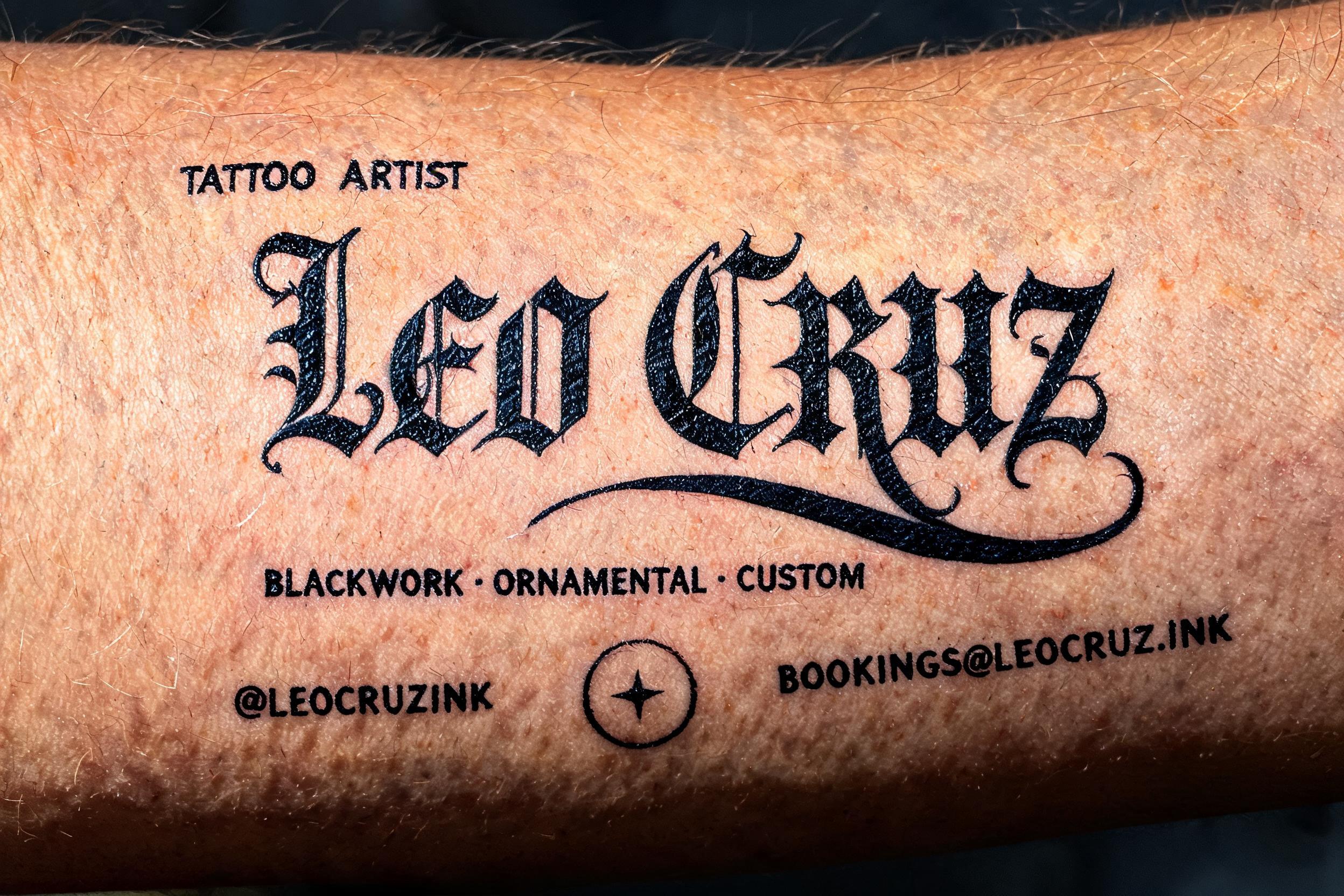 "LEO CRUZ
TATTOO ARTIST
BLACKWORK · ORNAMENTAL · CUSTOM
@LEOCRUZINK
BOOKINGS@LEOCRUZ.INK" — Tattoo | AI Text Effect Generator