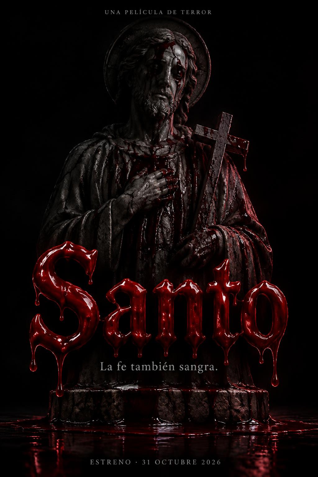 "Santo
La fe también sangra.
UNA PELÍCULA DE TERROR
ESTRENO · 31 OCTUBRE 2026" — Drip Font Blood | AI Text Effect Generator
