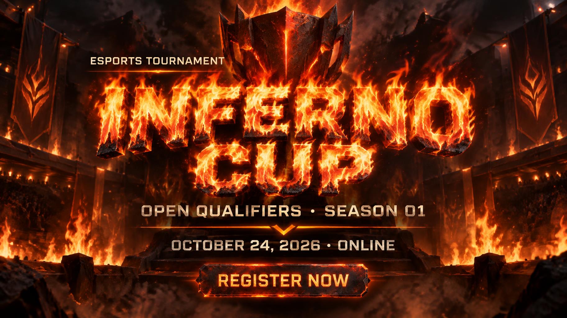 "INFERNO CUP
ESPORTS TOURNAMENT
OPEN QUALIFIERS · SEASON 01
OCTOBER 24, 2026 · ONLINE
REGISTER NOW" — Fire Smoke | AI Text Effect Generator