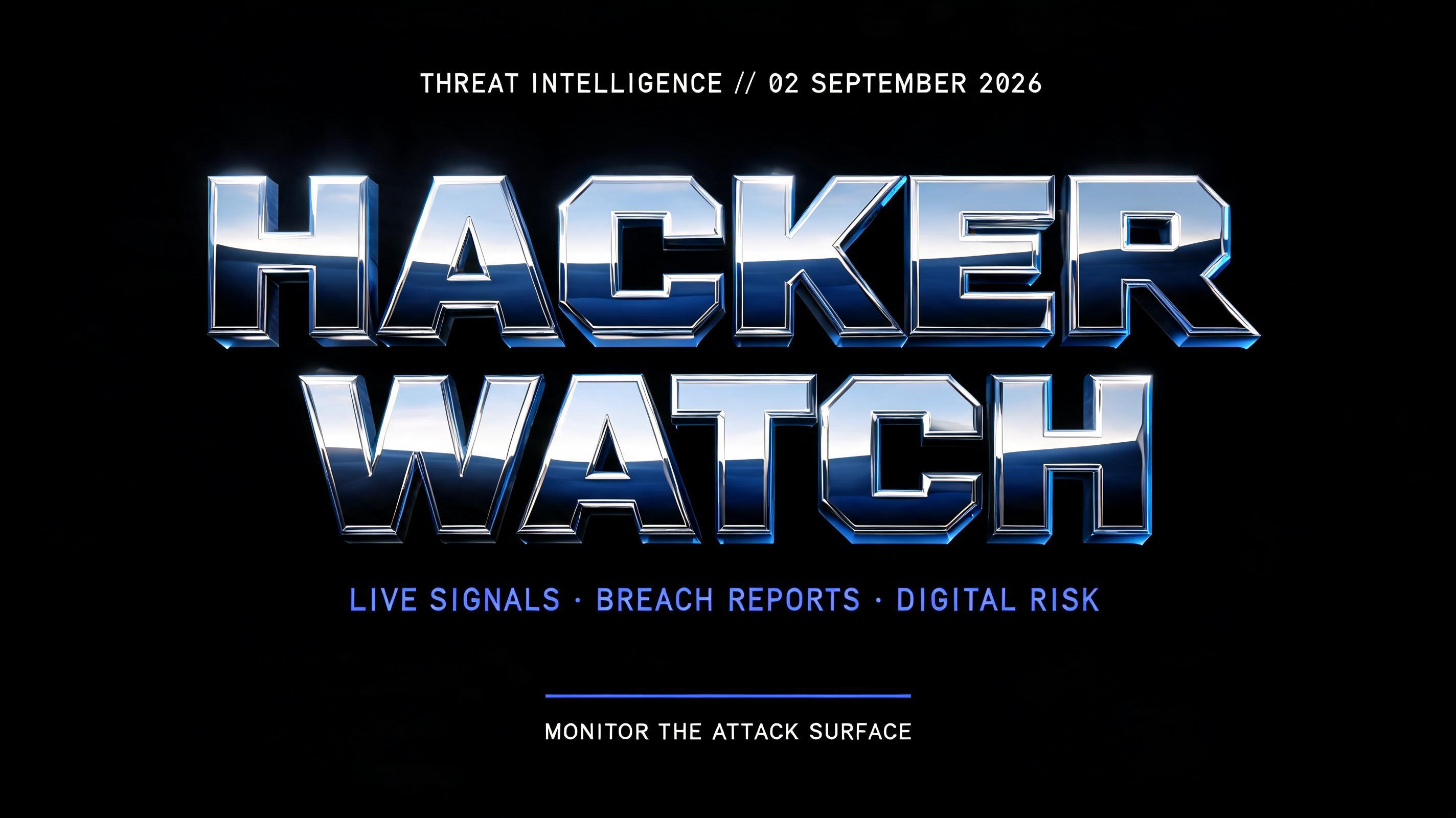 "HACKERWATCH
THREAT INTELLIGENCE // 02 SEPTEMBER 2026
LIVE SIGNALS · BREACH REPORTS · DIGITAL RISK
MONITOR THE ATTACK SURFACE" — Chrome Metal 3d text effect