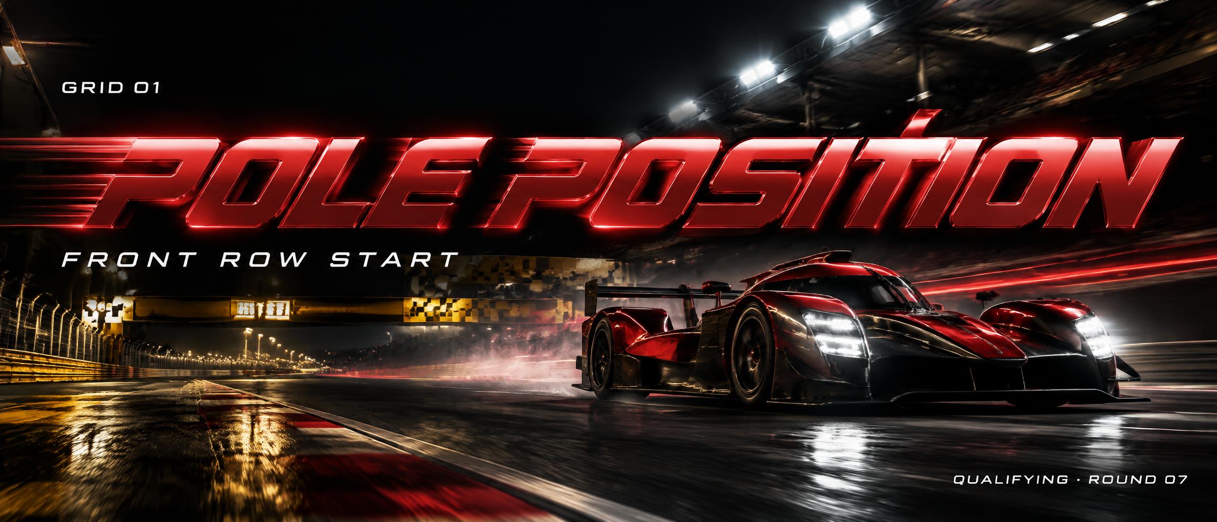 "POLE POSITION
FRONT ROW START
QUALIFYING · ROUND 07
GRID 01" — Racing | AI Text Effect Generator