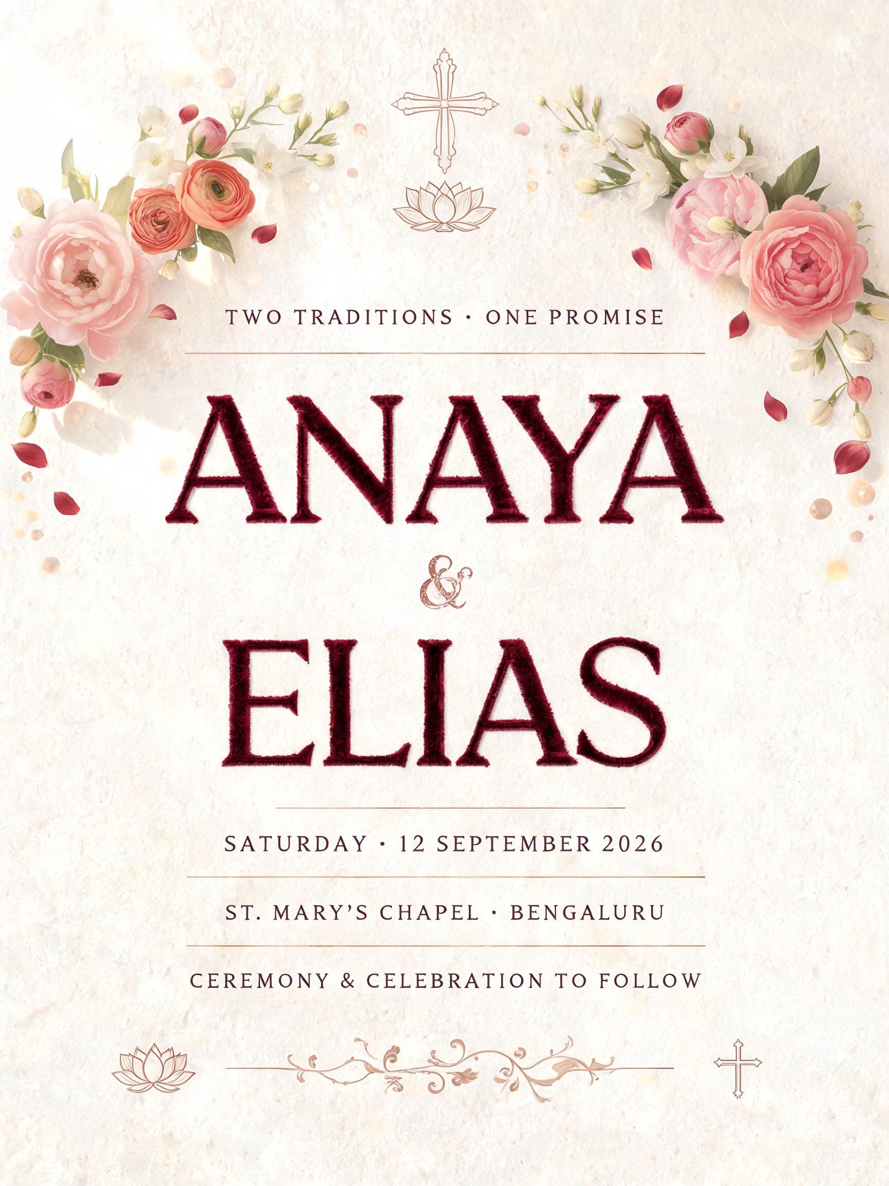 "TWO TRADITIONS · ONE PROMISE
ANAYA
& ELIAS
SATURDAY · 12 SEPTEMBER 2026
ST. MARY'S CHAPEL · BENGALURU
CEREMONY & CELEBRATION TO FOLLOW" — Romantic Her text effect