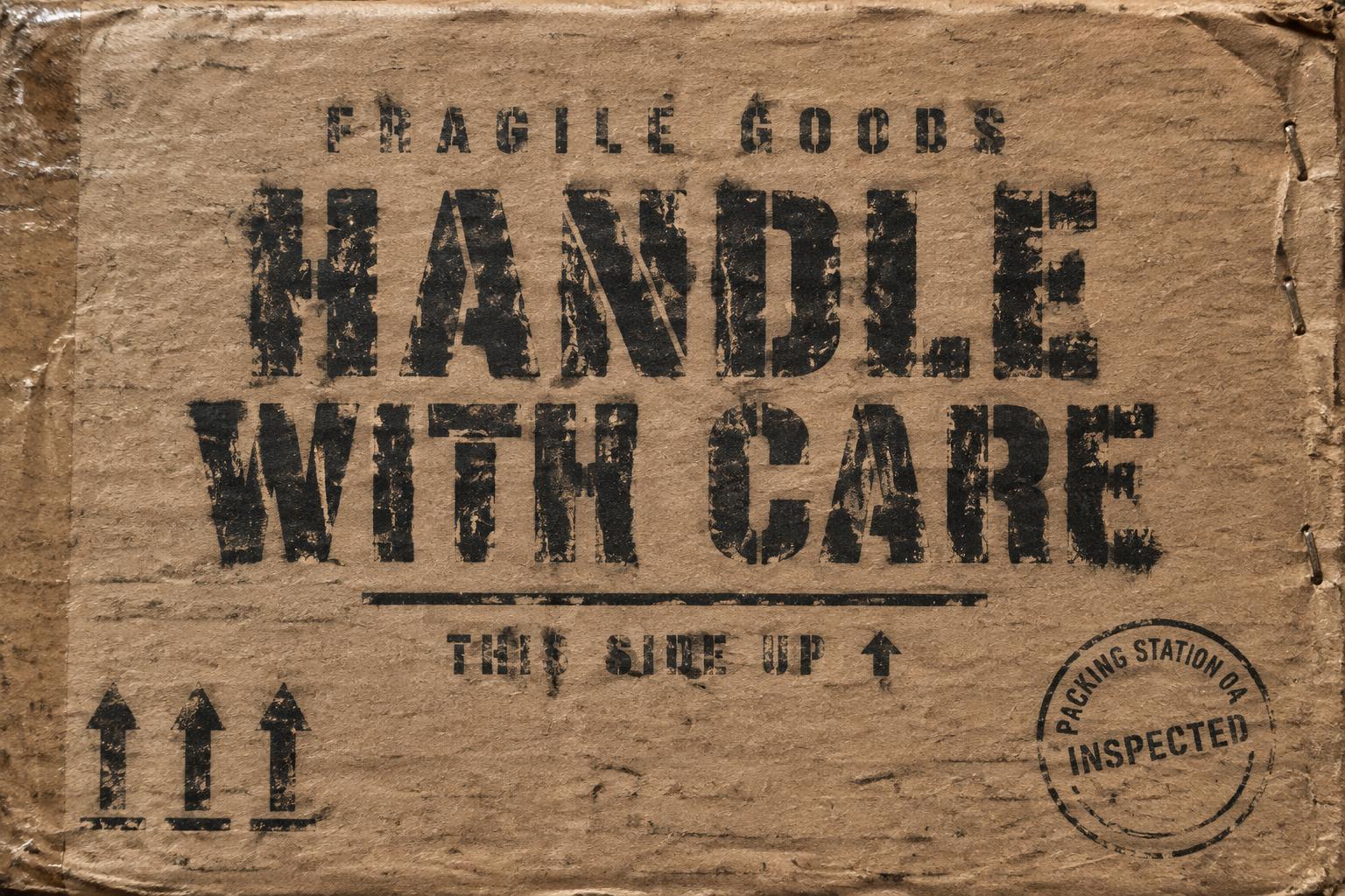 "HANDLE
WITH CARE
FRAGILE GOODS
THIS SIDE UP ↑
PACKING STATION 04
INSPECTED" — Stencil | AI Text Effect Generator